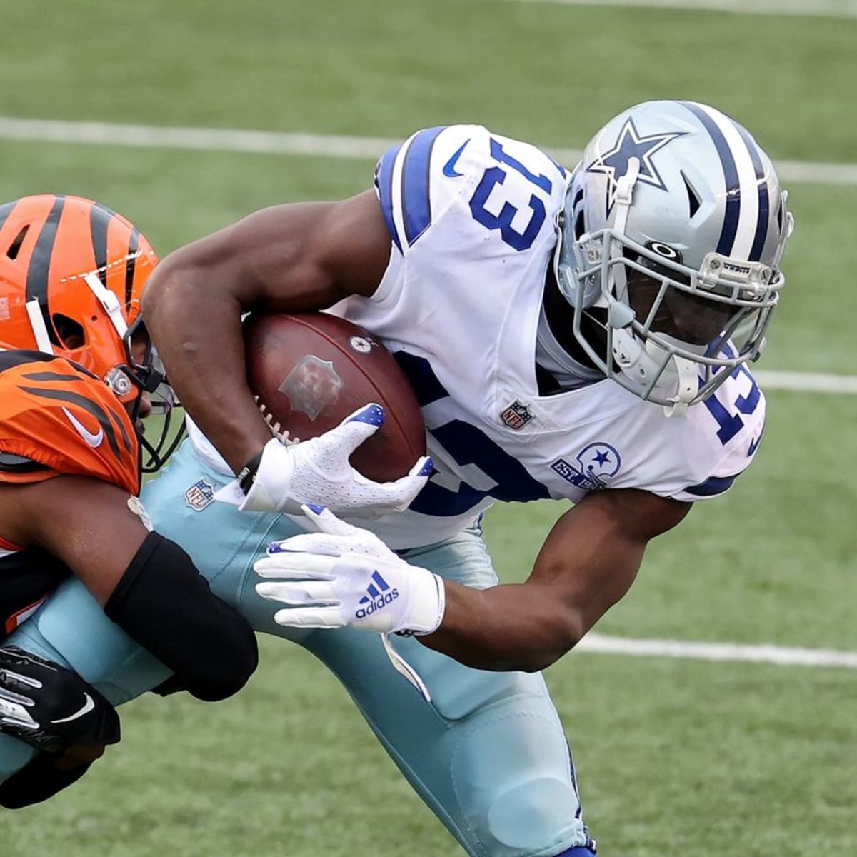 Dallas Cowboys wide receiver Michael Gallup (13) runs a pass route during  an NFL football game against the New York Giants on Thursday, November 24,  2022, in Arlington, Texas. (AP Photo/Matt Patterson