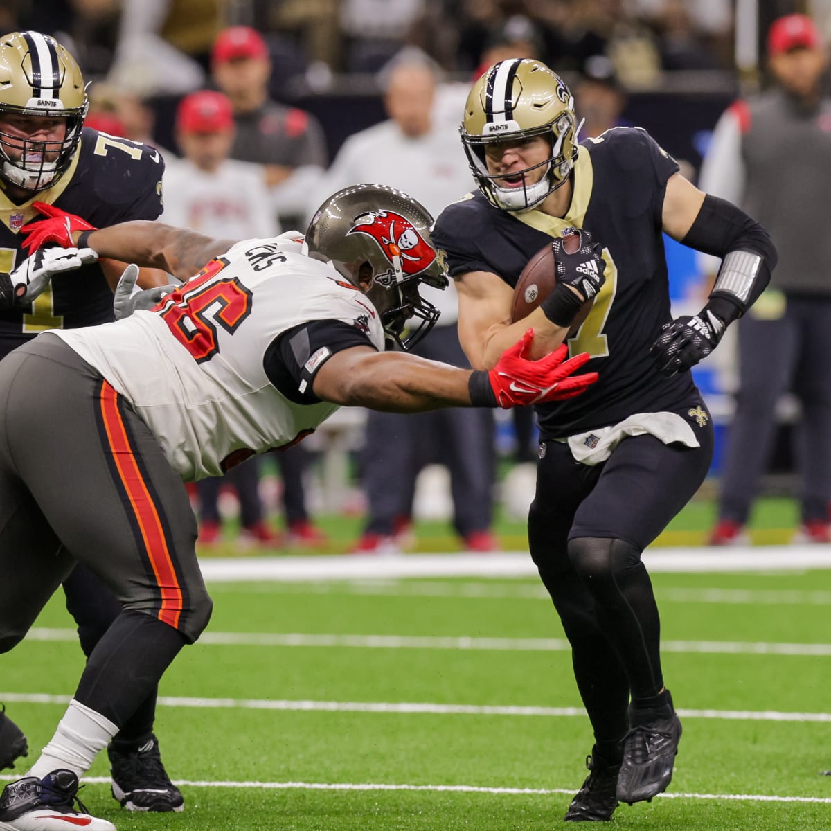 TAMPA, FL - DECEMBER 05: Tampa Bay Buccaneers Defensive Tackle Akiem Hicks  (96) rushes the passer during the regular season game between the New  Orleans Saints and the Tampa Bay Buccaneers on
