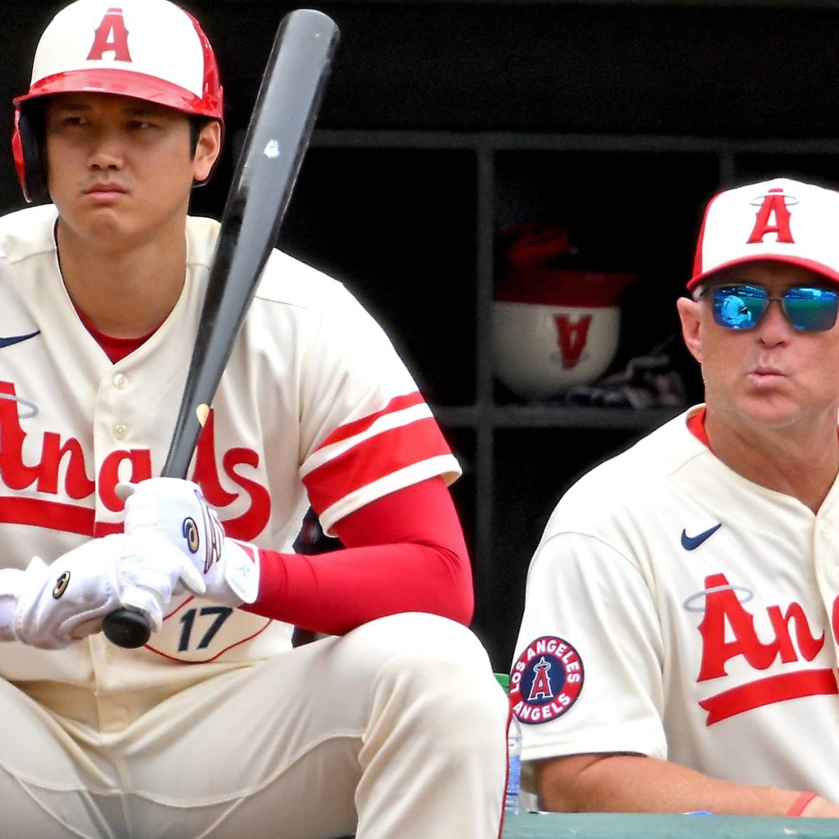 In Photos: Shohei Ohtani poses with manager Phil Nevin after receiving A.L.  Player of the Month honors