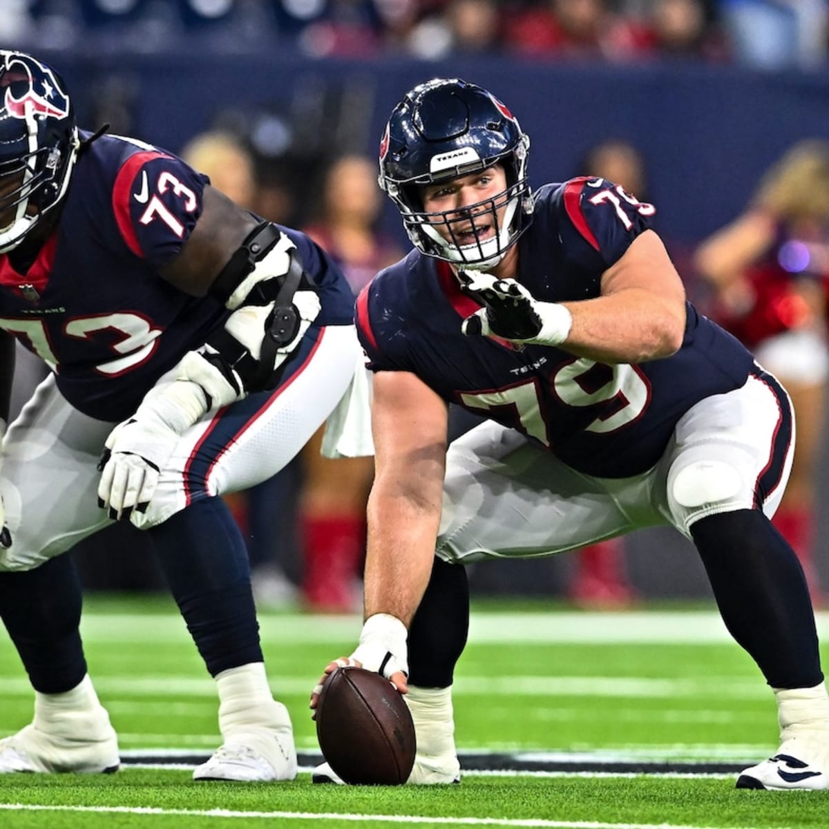 Houston Texans center Jimmy Morrissey (79) looks on during the NFL football  team's training camp at Houston Methodist Training Center, on Wednesday,  July 26, 2023, in Houston. (AP Photo/Maria Lysaker Stock Photo - Alamy