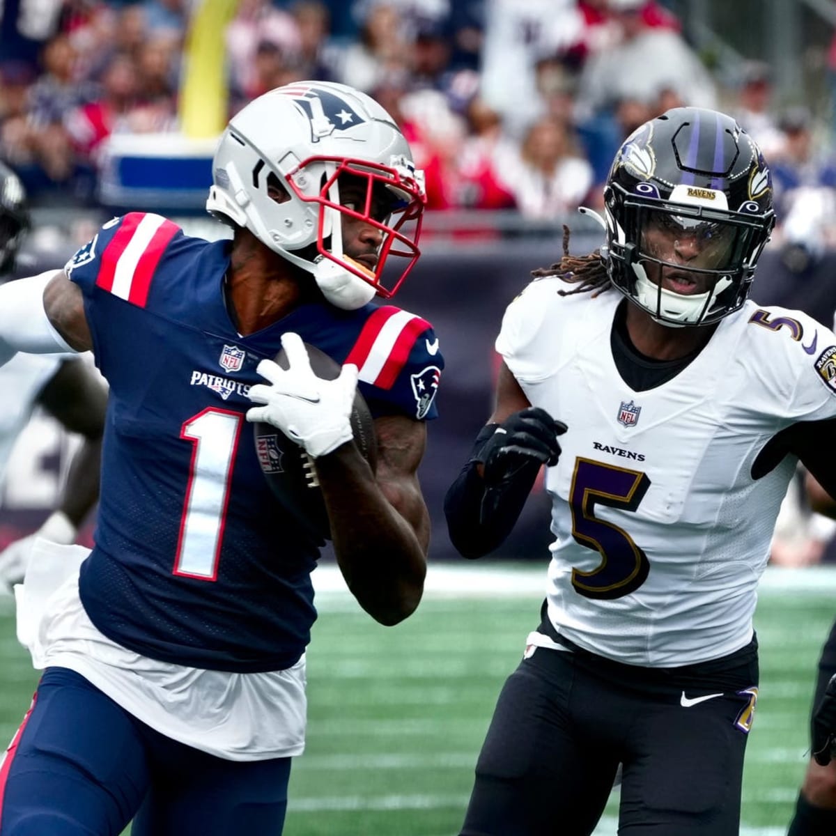 New England Patriots wide receiver DeVante Parker (1) runs a route during  the first half of an NFL football game against the Chicago Bears, Monday,  Oct. 24, 2022, in Foxborough, Mass. (AP