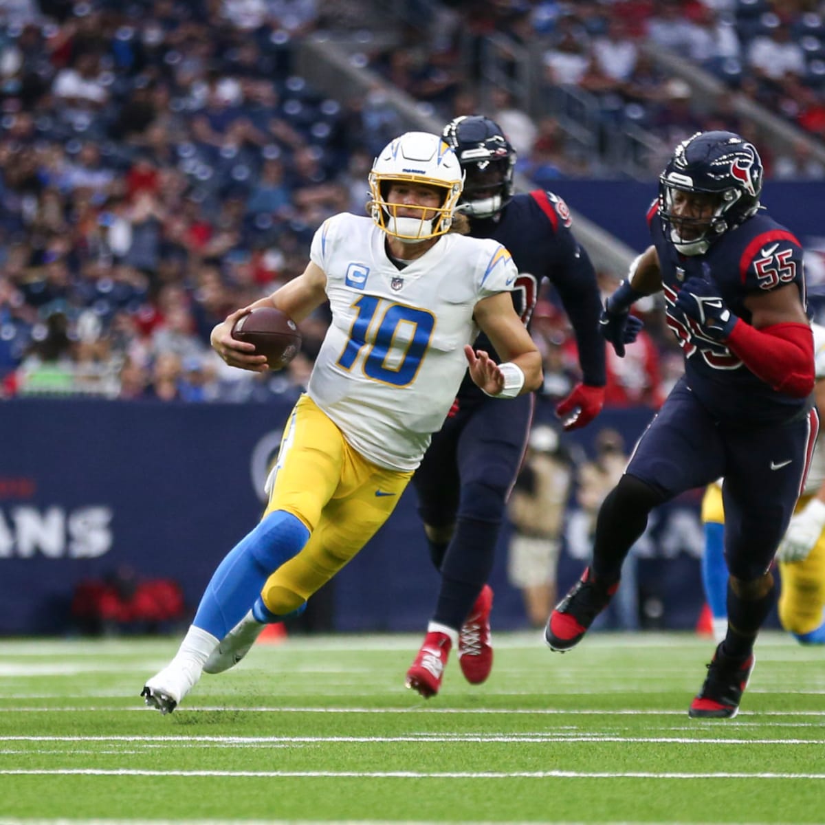 Los Angeles Chargers defensive back J.C. Jackson (27) lines up for the snap  during an NFL football game against the Houston Texans on Sunday, October  2, 2022, in Houston. (AP Photo/Matt Patterson