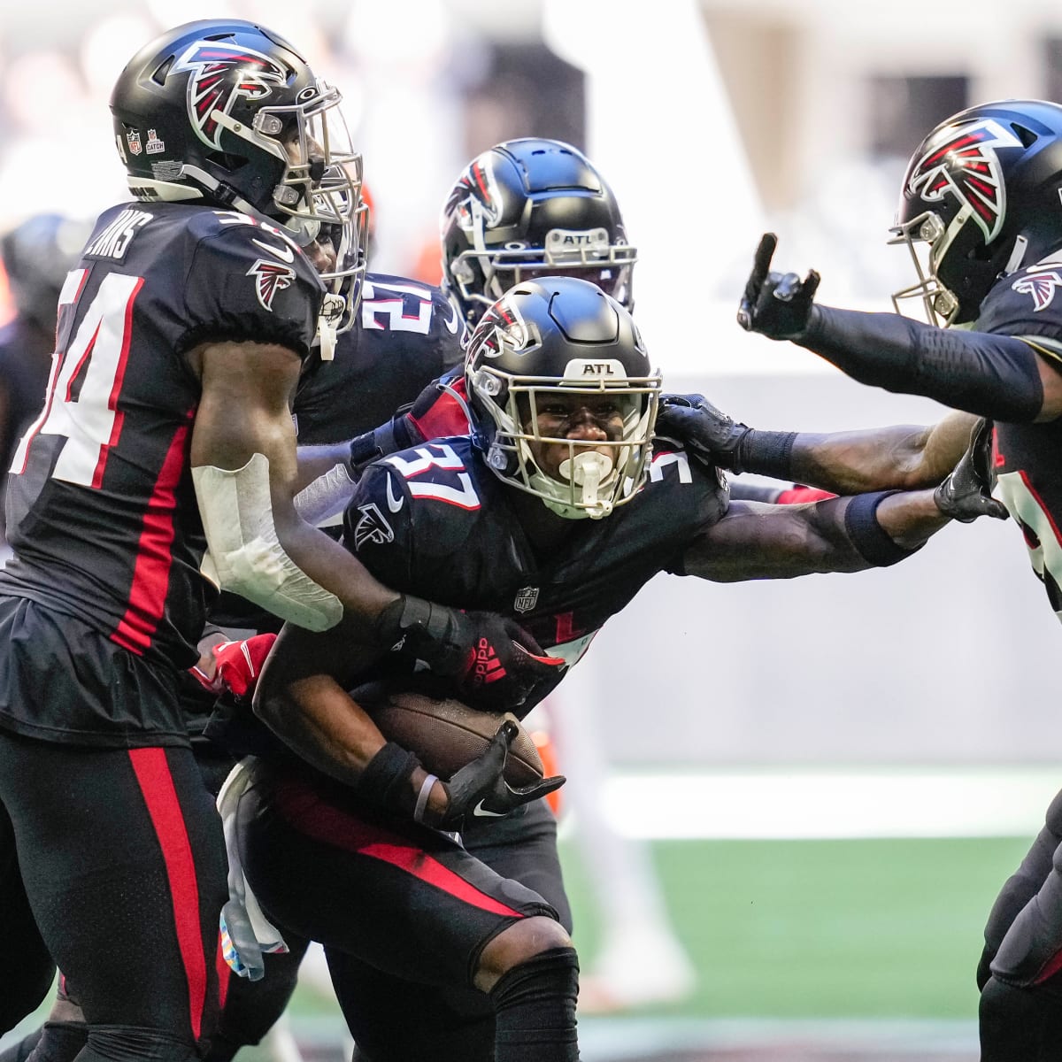 Atlanta Falcons cornerback Dee Alford (37) walks off the field after an NFL football  game against