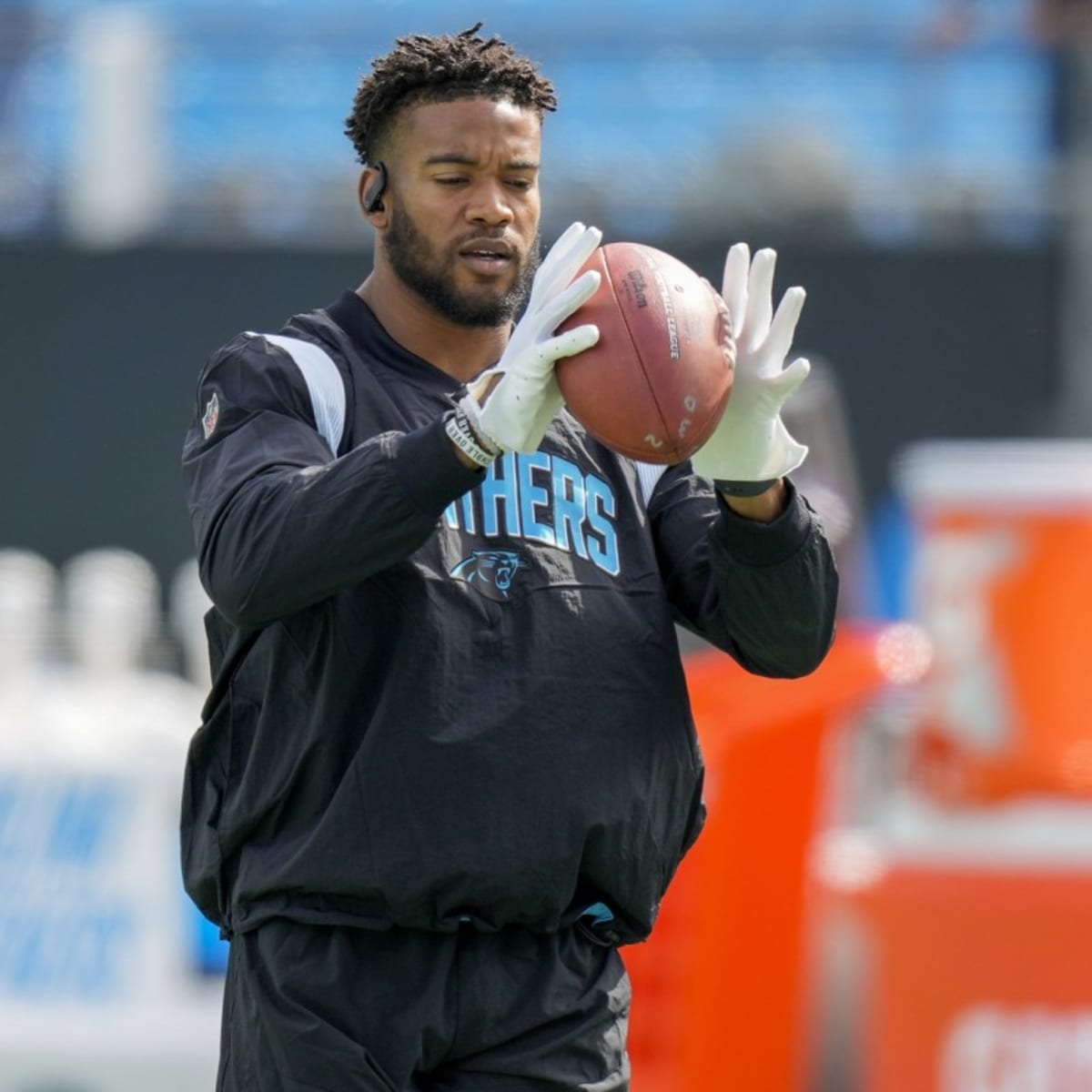 CHARLOTTE, NC - SEPTEMBER 25: Jeremy Chinn (21) of the Carolina Panthers  heads back to the the huddle after breaking up a pass attempt during a  football game between the Carolina Panthers