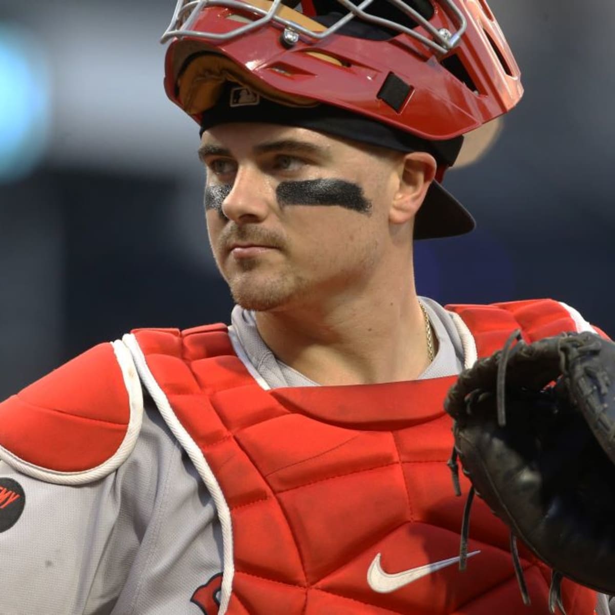 Reese McGuire of the Boston Red Sox looks on during the sixth