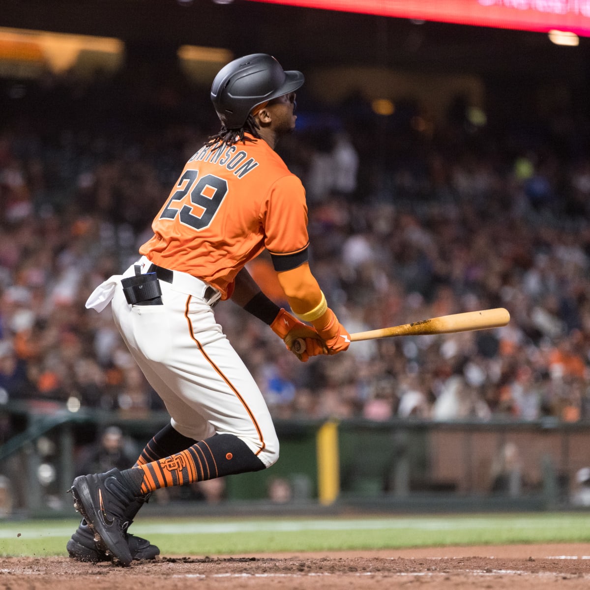 San Francisco Giants' Lewis Brinson, from left, celebrates with