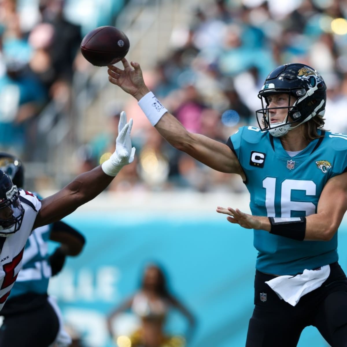 Houston, TX, USA. 12th Sep, 2021. Jacksonville Jaguars quarterback Trevor  Lawrence (16) smiles prior to an NFL football game between the Jacksonville  Jaguars and the Houston Texans at NRG Stadium in Houston