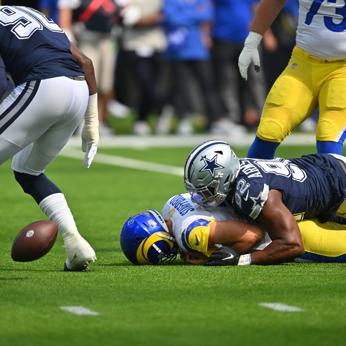 August 26, 2018: Dallas Cowboys defensive end Dorance Armstrong #74 rushes  during a preseason NFL football game between the Arizona Cardinals and the Dallas  Cowboys at AT&T Stadium in Arlington, TX Arizona