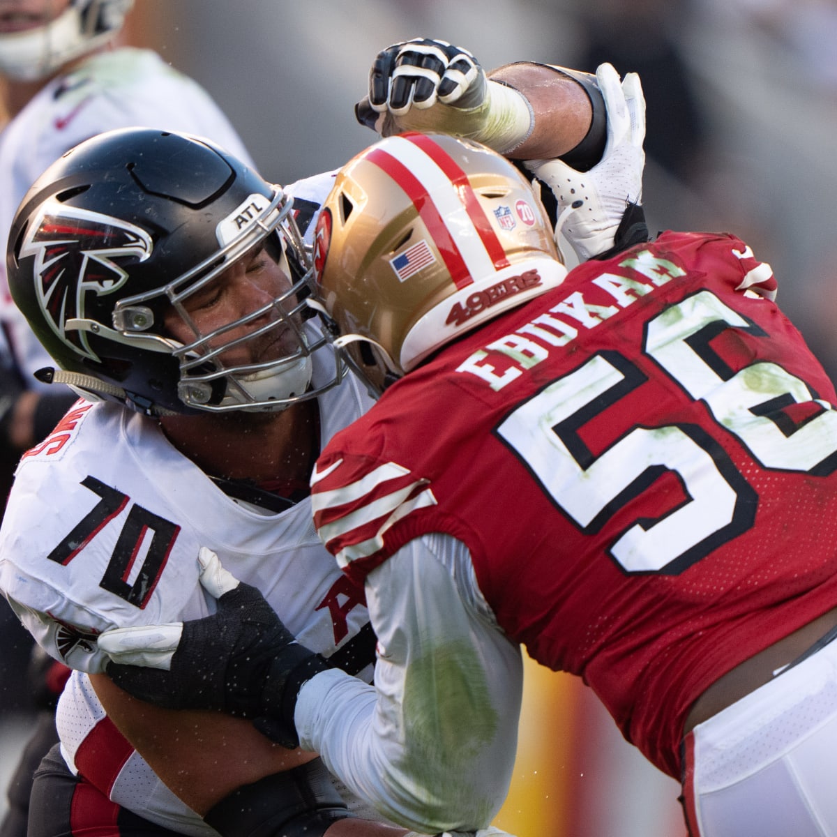 ATLANTA, GA – OCTOBER 16: Atlanta head coach Arthur Smith reacts on the  sideline during the NFL game between the San Francisco 49ers and the  Atlanta Falcons on October 16th, 2022 at