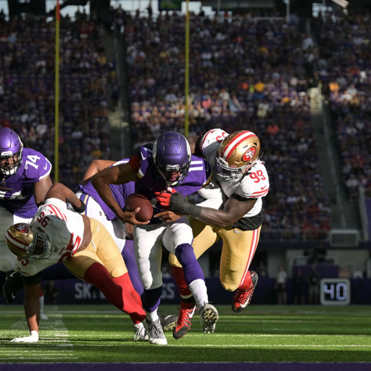 San Francisco 49ers defensive tackle Javon Kinlaw (99) runs onto the field  during an NFL football game against the Arizona Cardinals, Sunday, Jan.8,  2023, in Santa Clara, Calif. (AP Photo/Scot Tucker Stock