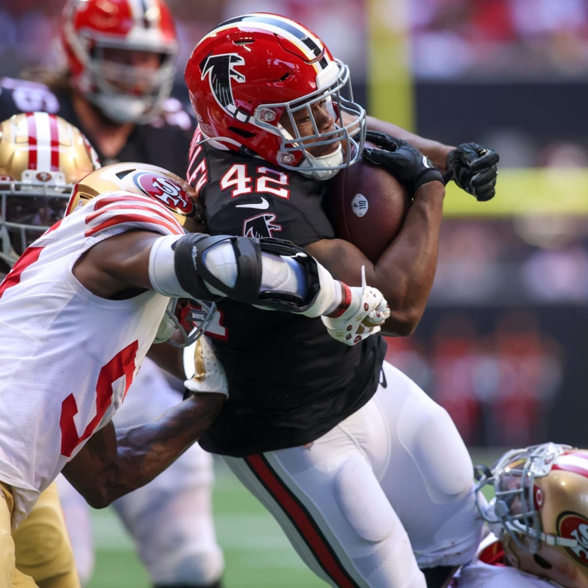 ATLANTA, GA – OCTOBER 16: Atlanta head coach Arthur Smith reacts on the  sideline during the NFL game between the San Francisco 49ers and the  Atlanta Falcons on October 16th, 2022 at