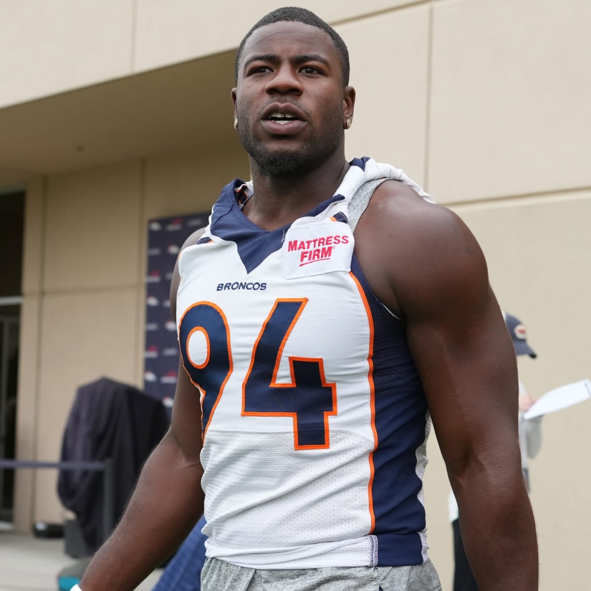 Denver Broncos Linebacker Aaron Patrick (94) warms up before