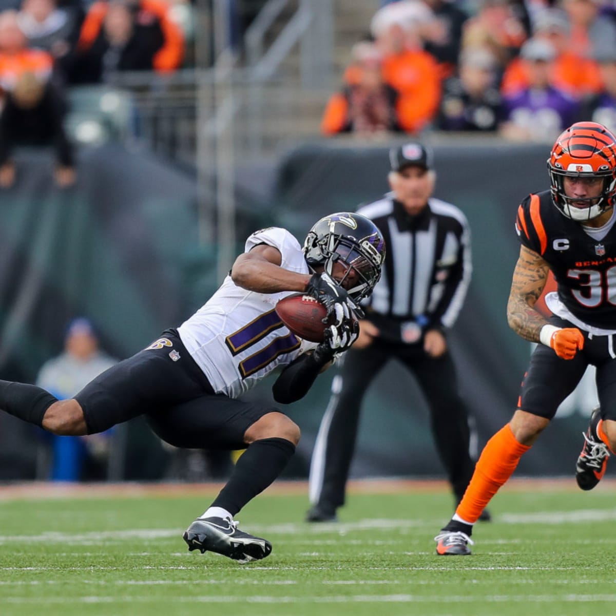 James Proche on the practice field for - Baltimore Ravens