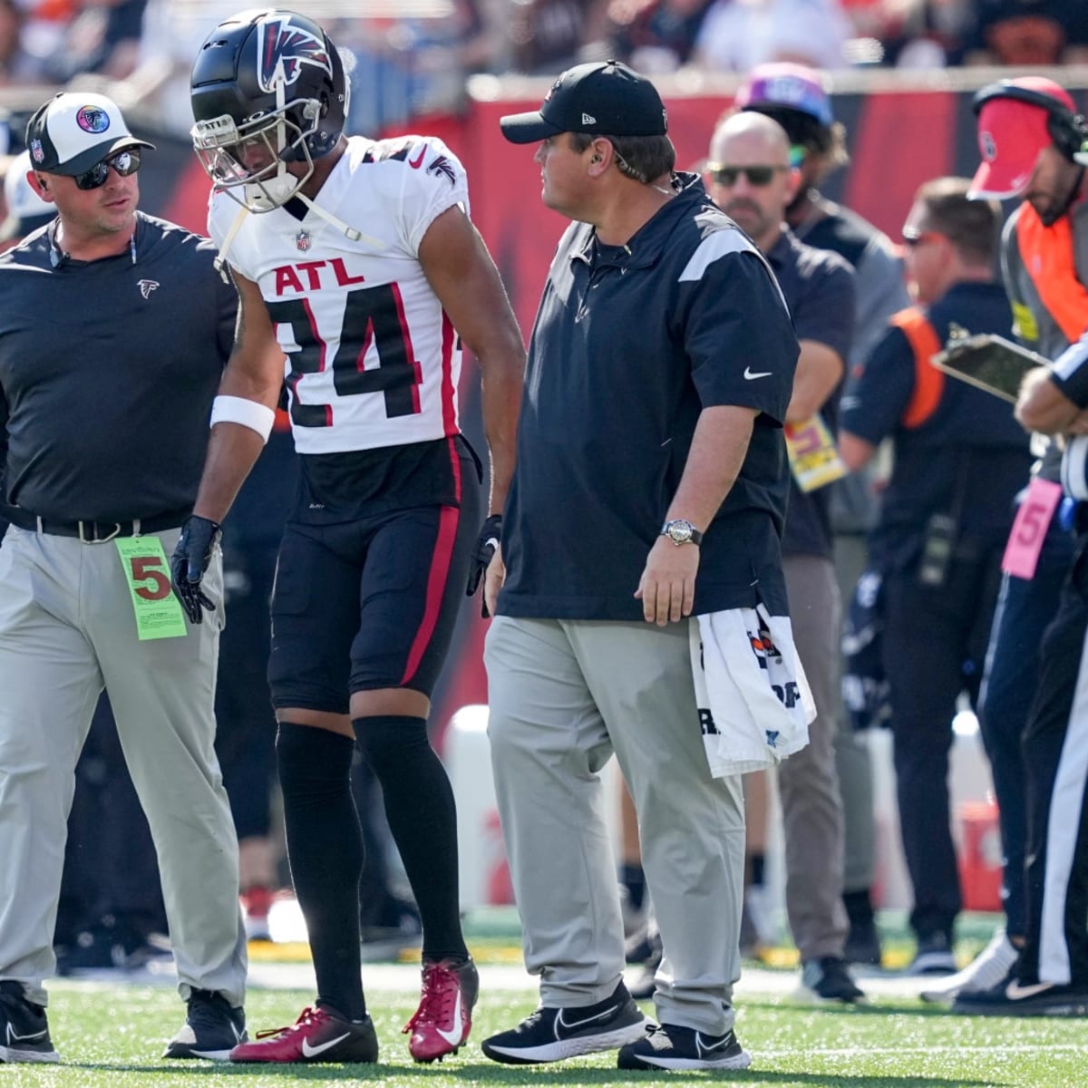 Atlanta Falcons safety Jaylinn Hawkins (32) lines up during the first half  of an NFL football game against the Carolina Panthers, Sunday, Sep. 10,  2023, in Atlanta. The Atlanta Falcons won 24-10. (