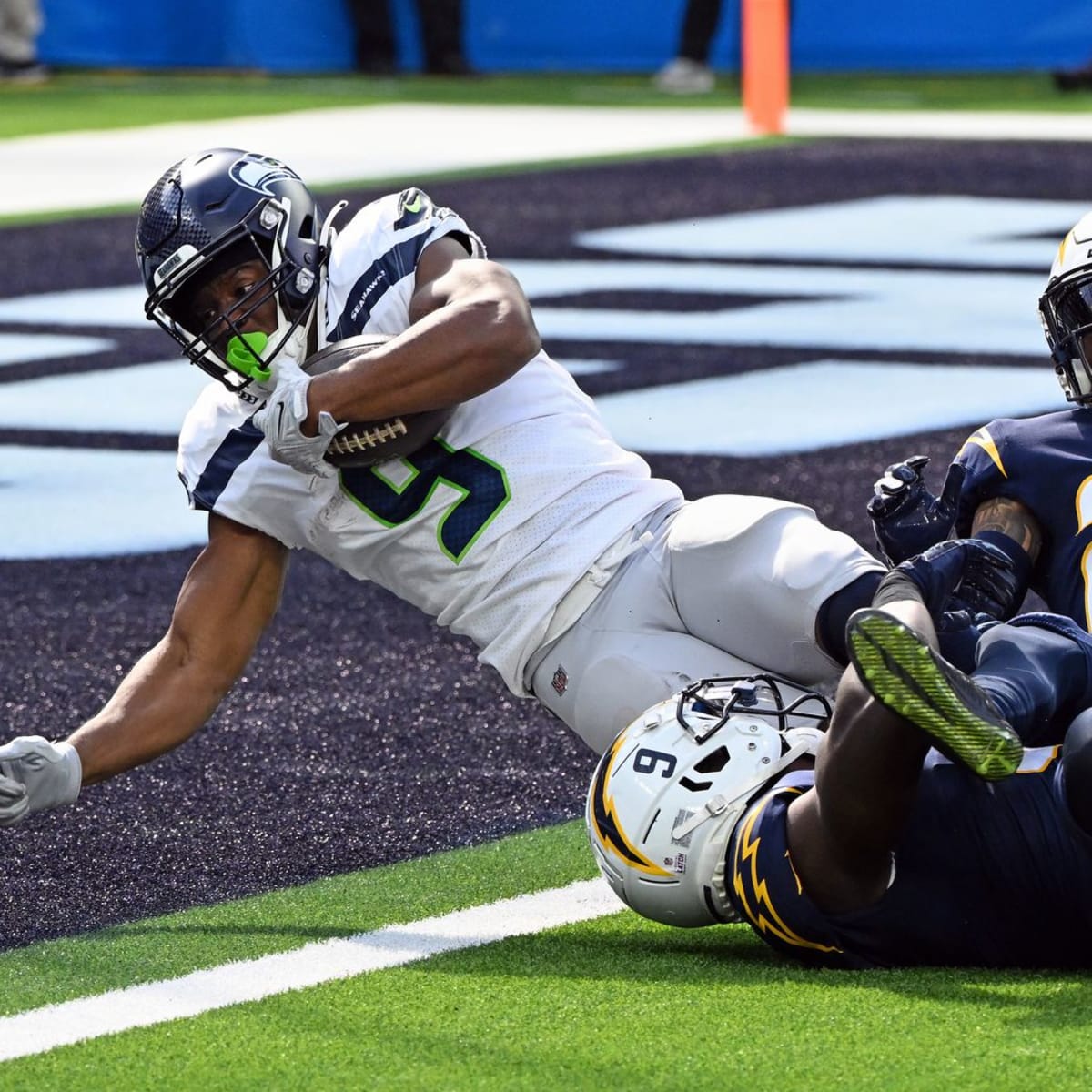 Seattle Seahawks running back Kenneth Walker III celebrats during an NFL  preseason football game against the Dallas Cowboys, Saturday, Aug. 19,  2023, in Seattle. The Seahawks won 22-14. (AP Photo/Stephen Brashear Stock