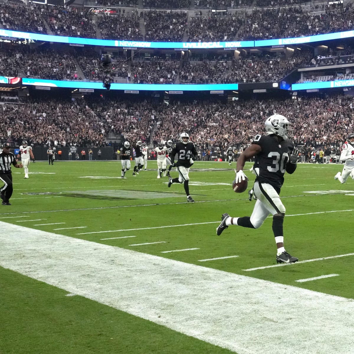 Las Vegas Raiders safety Duron Harmon (30) celebrates a missed field goal  by the Los Angeles Chargers during the second half of an NFL football game,  Sunday, Dec. 4, 2022, in Las