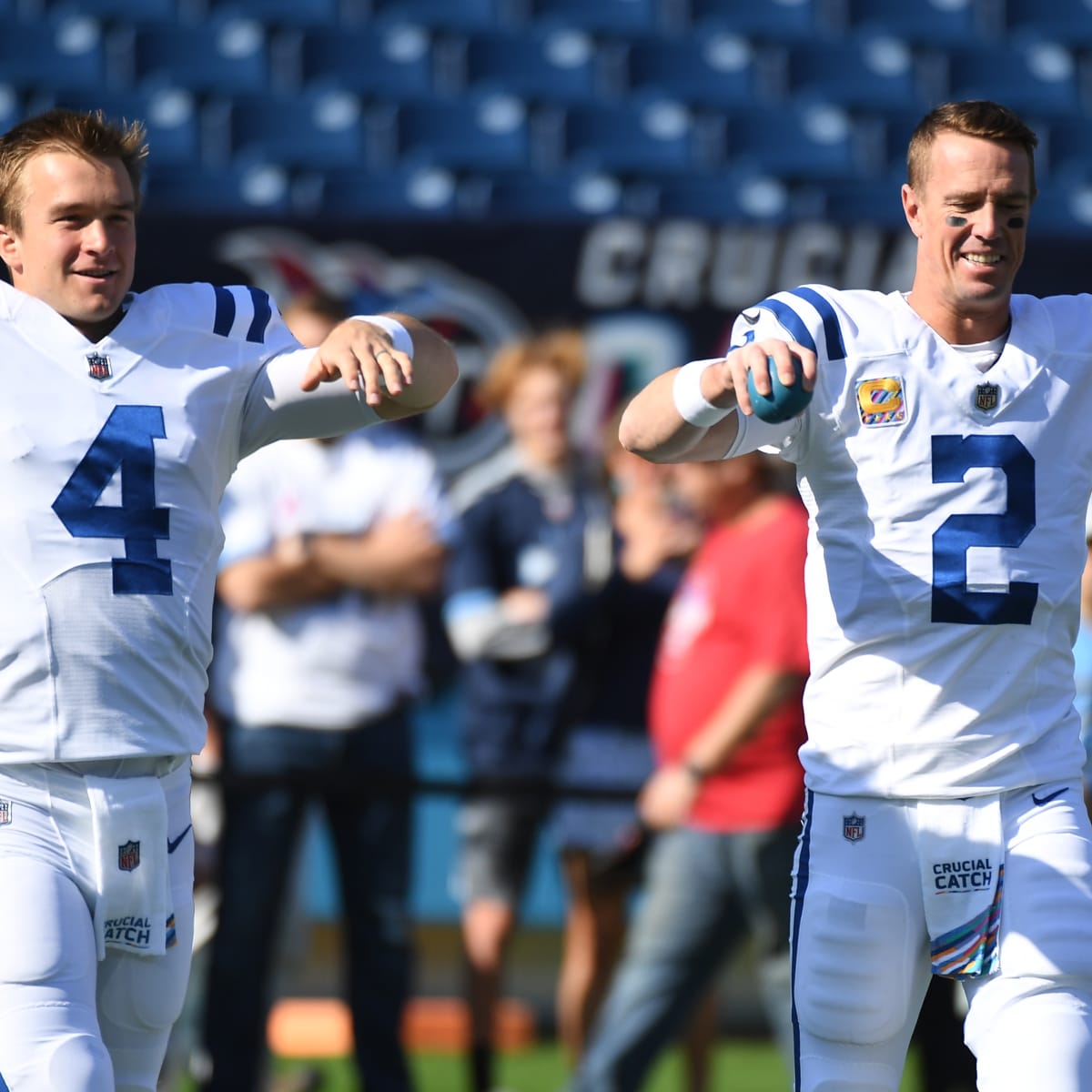 INDIANAPOLIS, IN - OCTOBER 17: Indianapolis Colts Quarterback Sam Ehlinger  (4) warms up prior to an NFL game between the Houston Texans and the  Indianapolis Colts on October 17, 2021 at Lucas