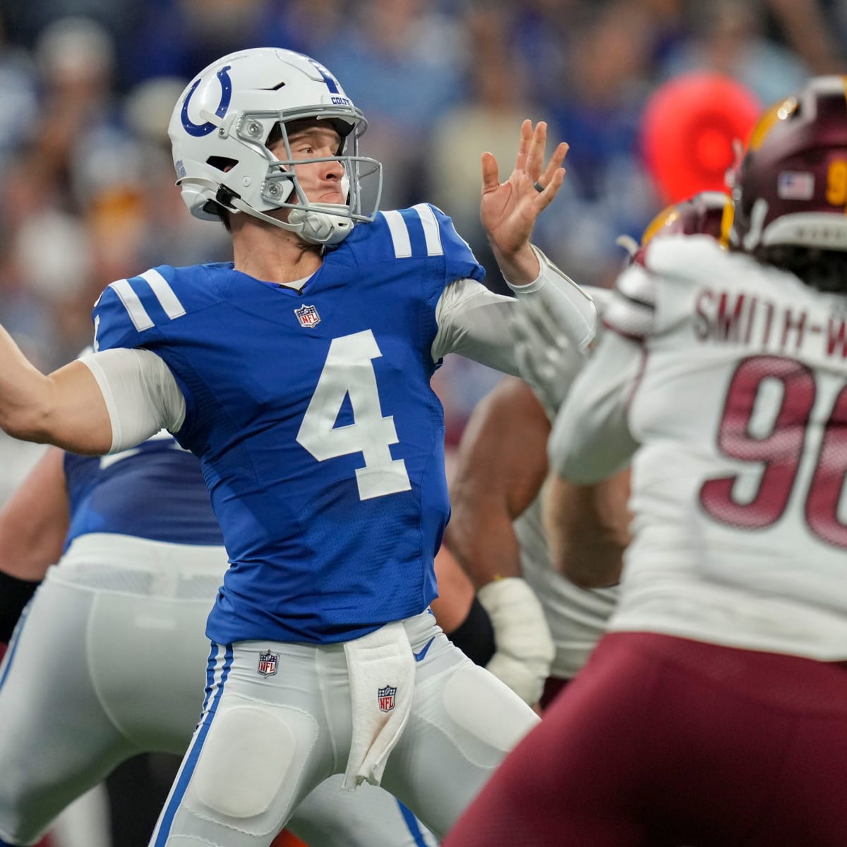 Indianapolis Colts quarterback Sam Ehlinger (4) plays against the