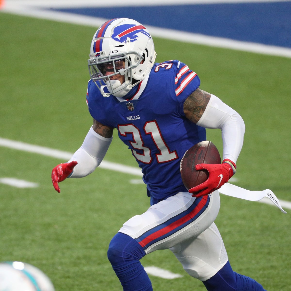 FILE - Buffalo Bills strong safety Dean Marlowe walks off the field after  an NFL football game against the New York Jets in Orchard Park, N.Y., in  this Sunday, Sept. 13, 2020