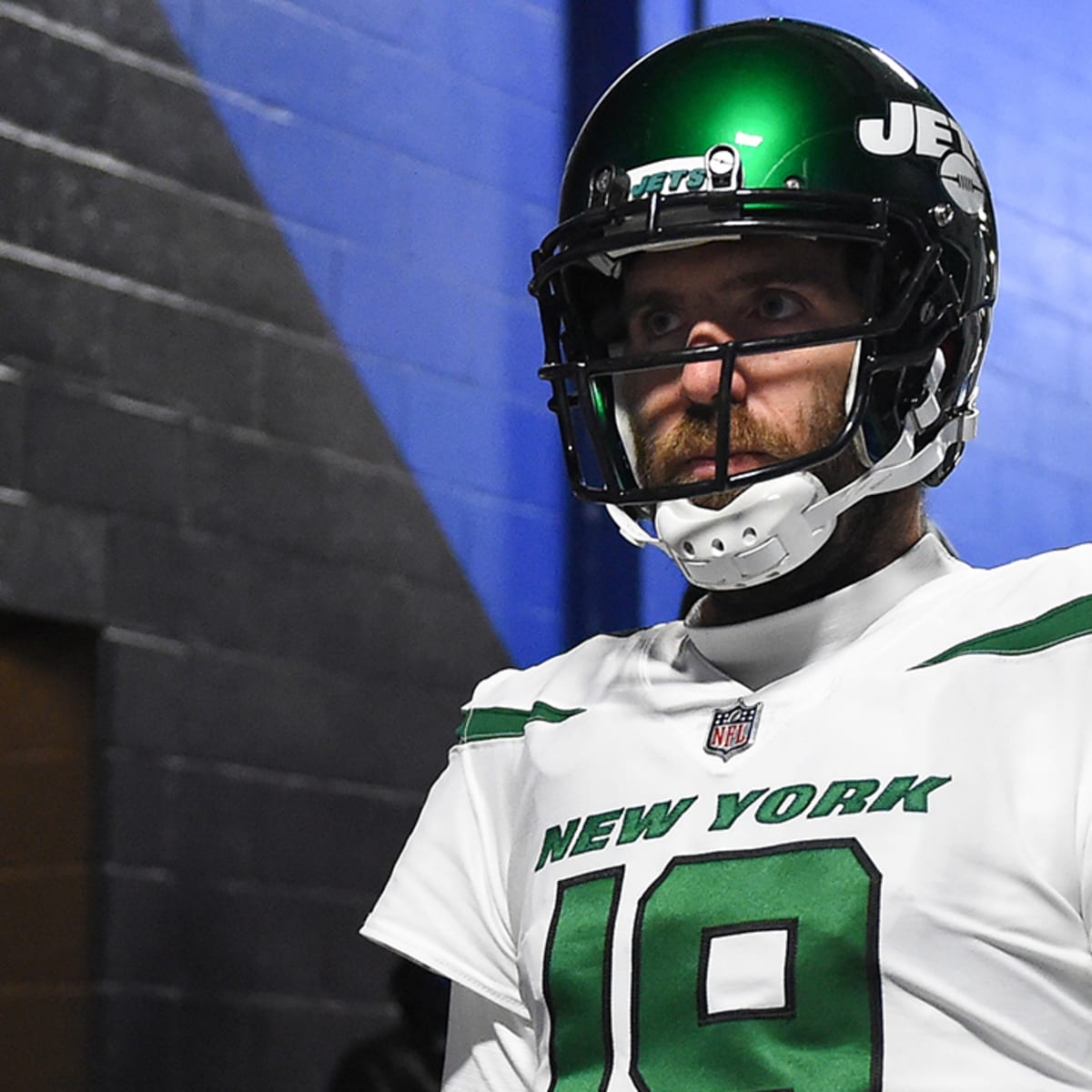 New York Jets quarterback Mike White (5) reacts after scoring a