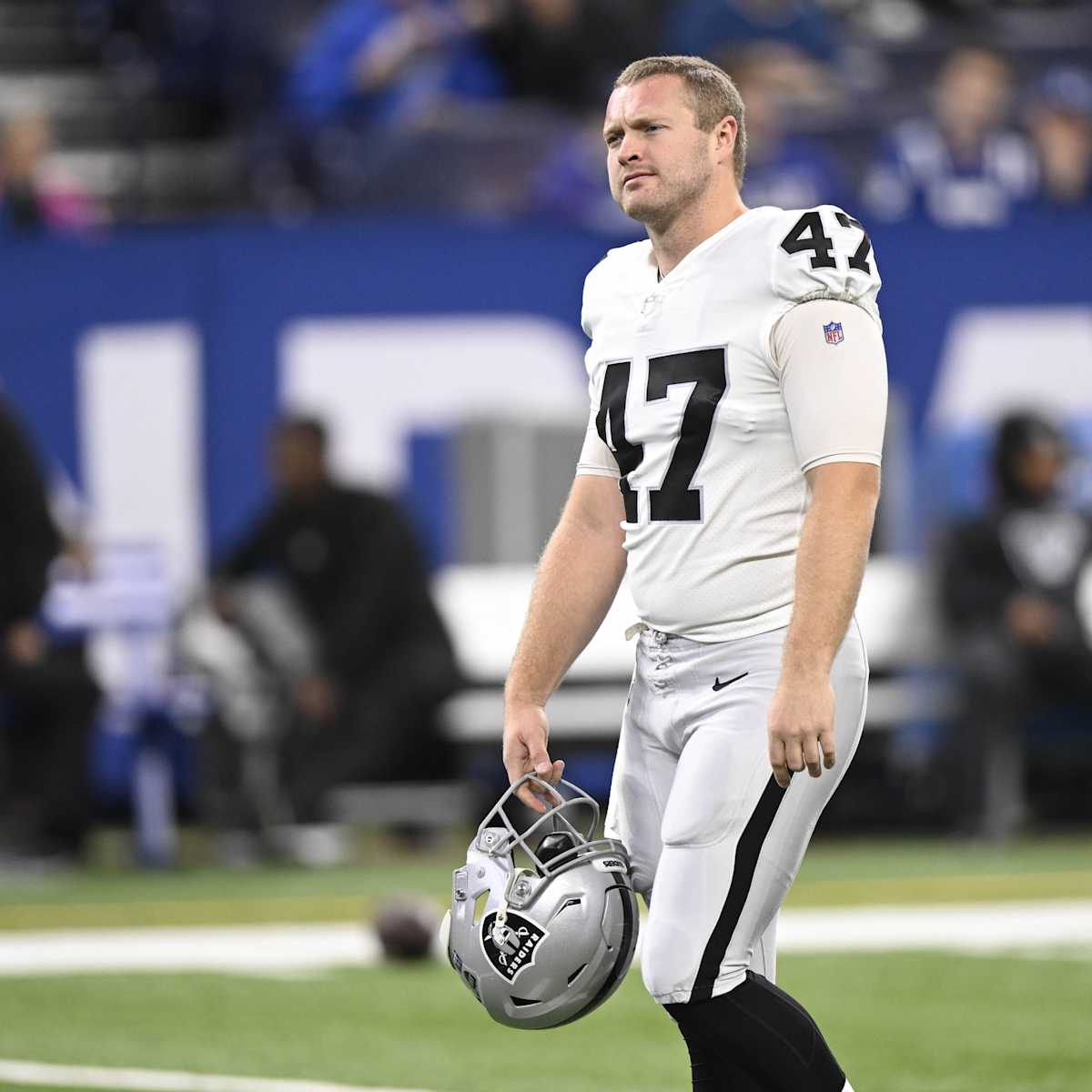 Las Vegas Raiders long snapper Trent Sieg (47) leaves the field