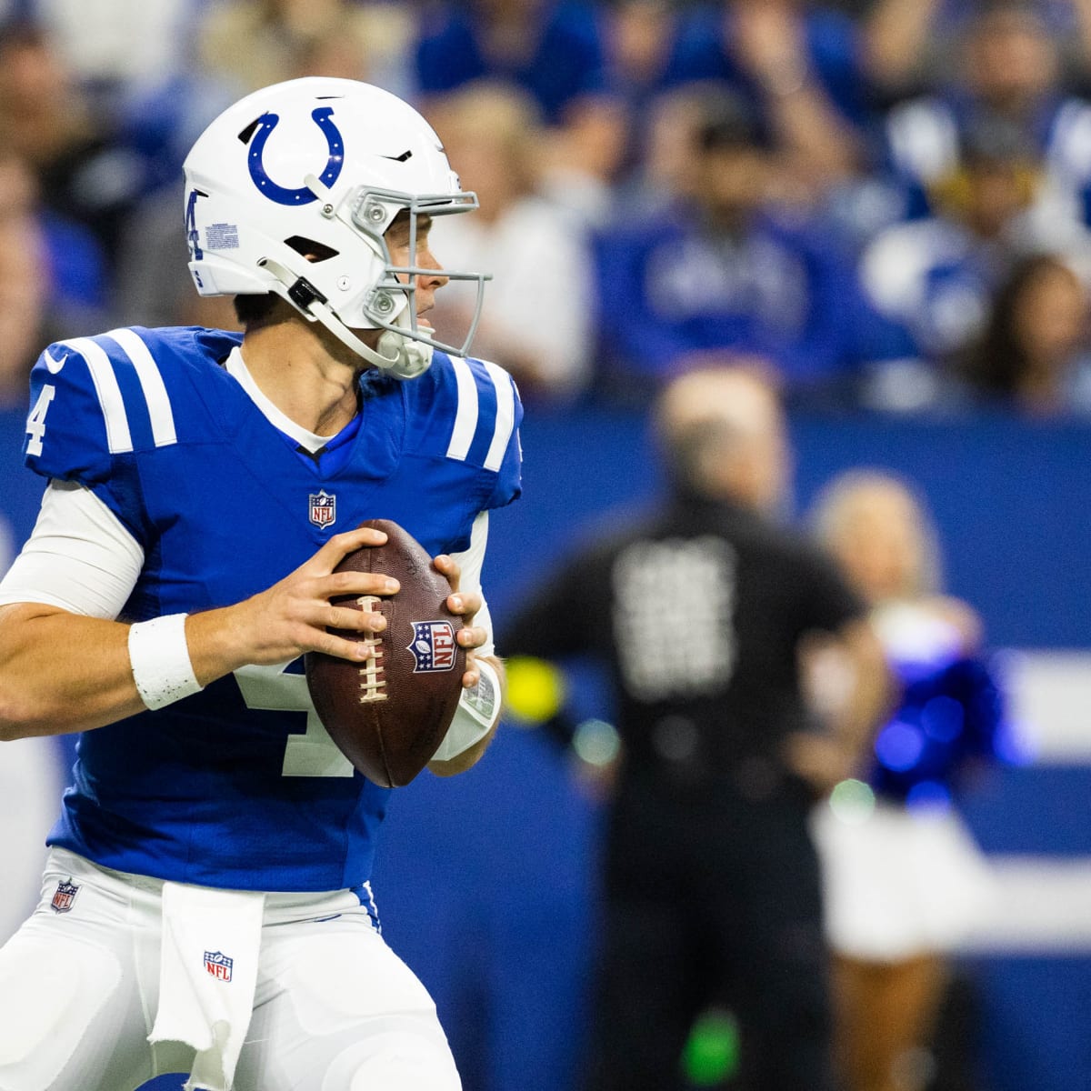 FOXBOROUGH, MA - NOVEMBER 06: Indianapolis Colts quarterback Sam Ehlinger  (4) has no where to go during a game between the New England Patriots and  the Indianapolis Colts on November 6, 2022