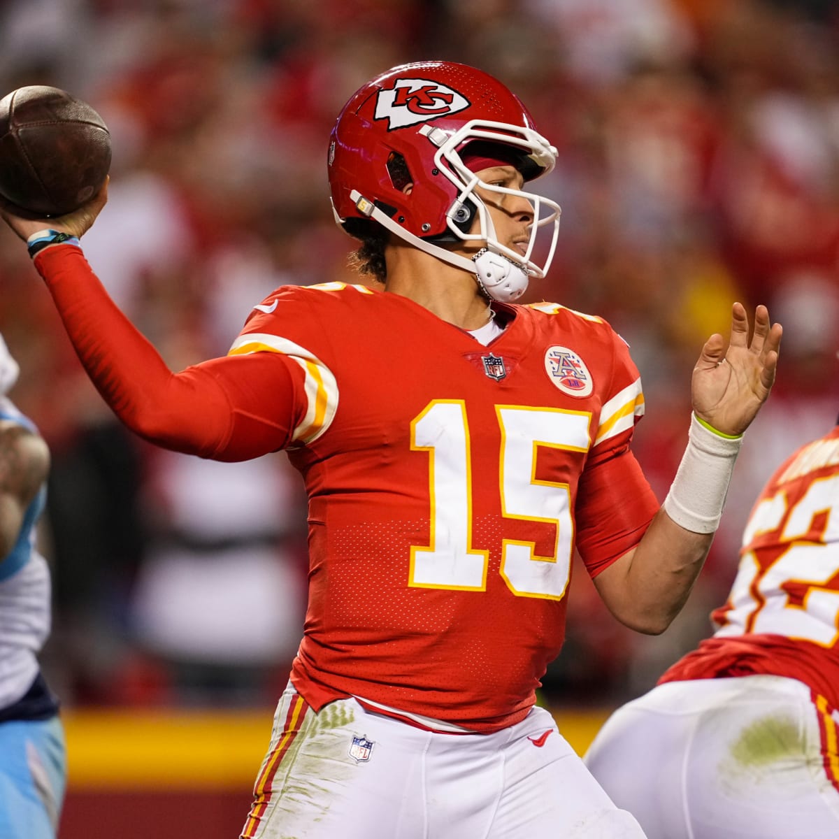 KANSAS CITY, MO - NOVEMBER 06: Kansas City Chiefs quarterback Patrick  Mahomes (15) scrambles in the backfield during the game against the  Tennessee Titans on November 6th, 2022 at GEHA field at