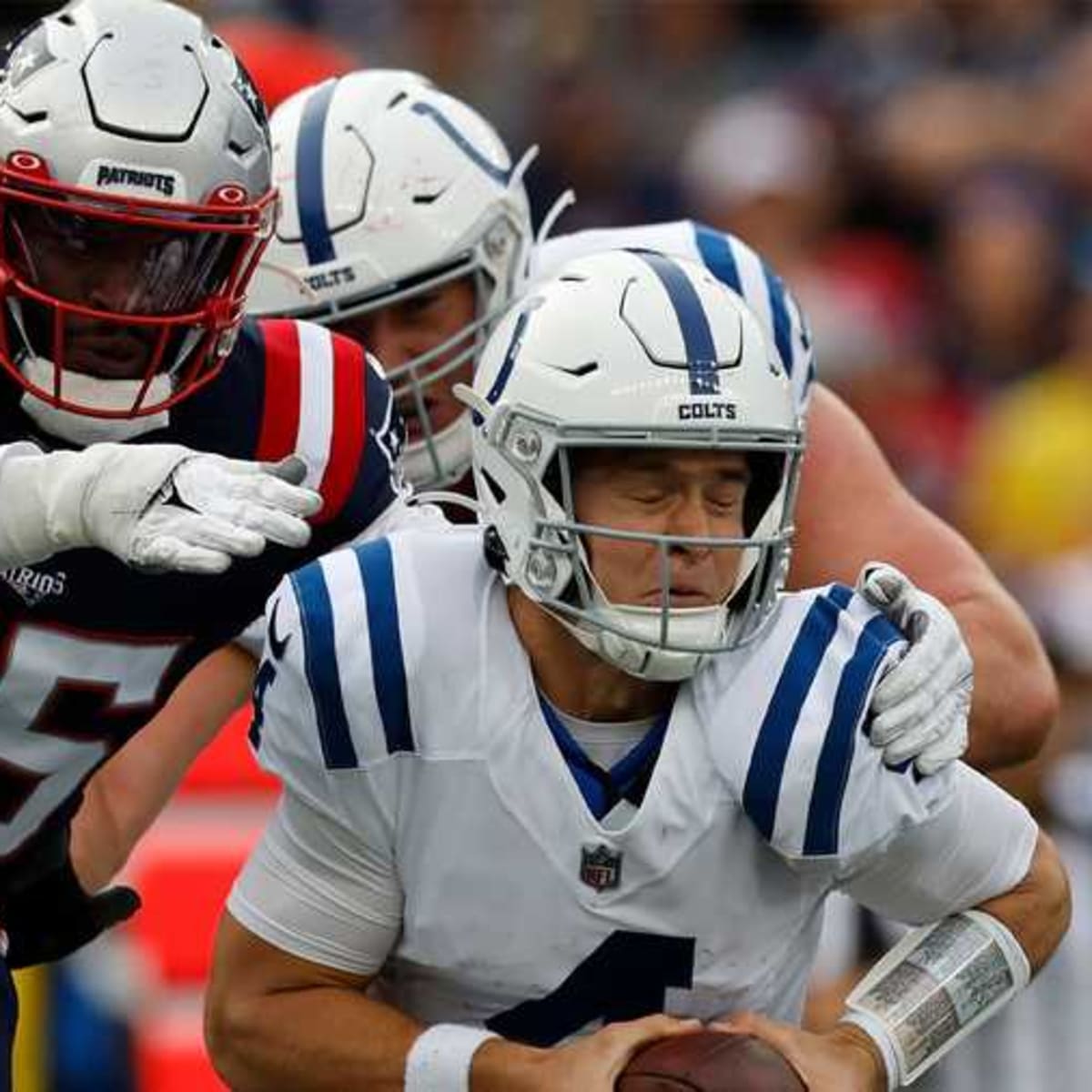 New England Patriots linebacker Josh Uche (55) rides the