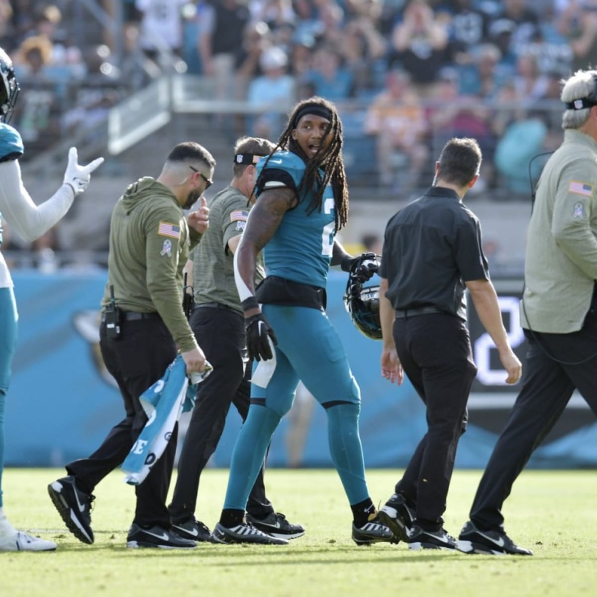 KANSAS CITY, MO - NOVEMBER 13: Jacksonville Jaguars safety Rayshawn Jenkins  (2) before an NFL game between the Jacksonville Jaguars and Kansas City  Chiefs on November 13, 2022 at GEHA Field at