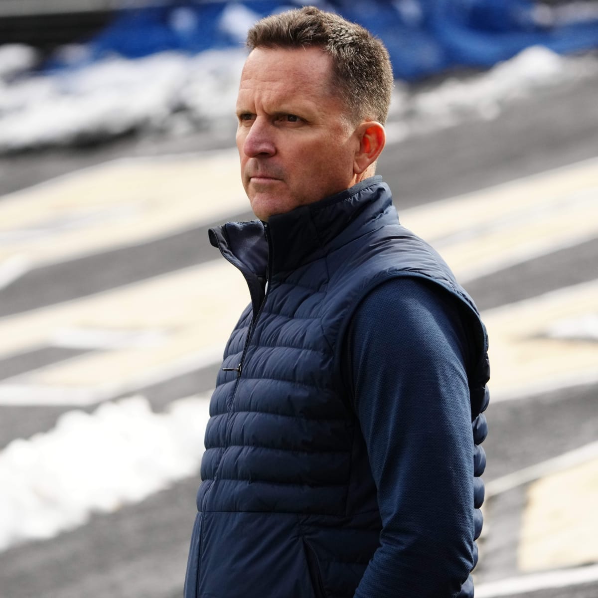 George Paton, general manager of the Denver Broncos, responds to questions  during a news conference on media day before the team officially opens an  NFL football training camp at Broncos headquarters Tuesday