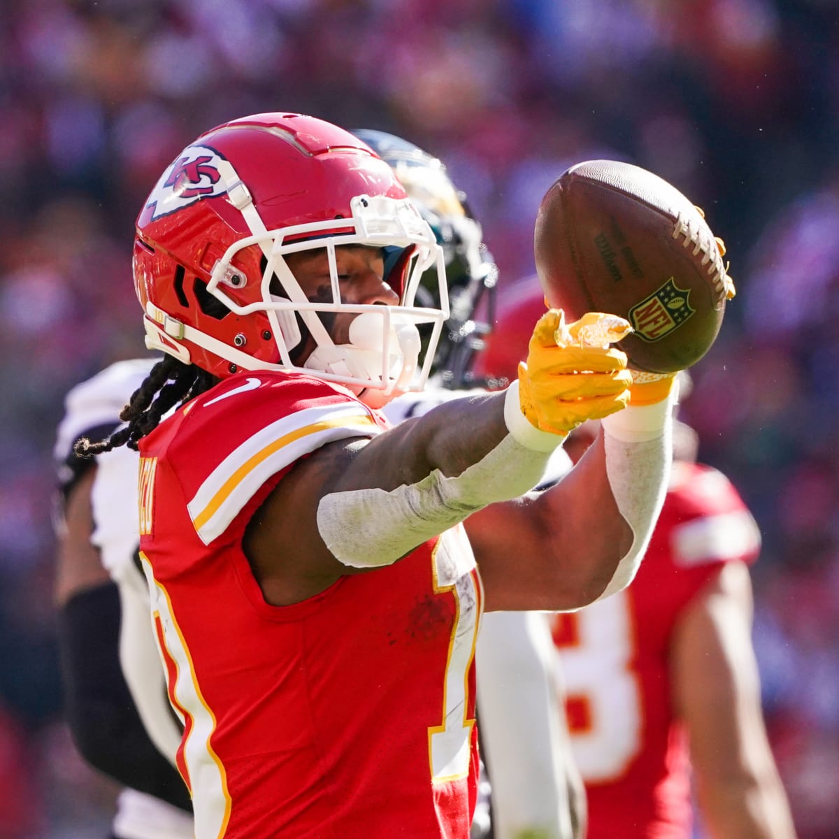 Kansas City Chiefs running back Jerick McKinnon (1) celebrates