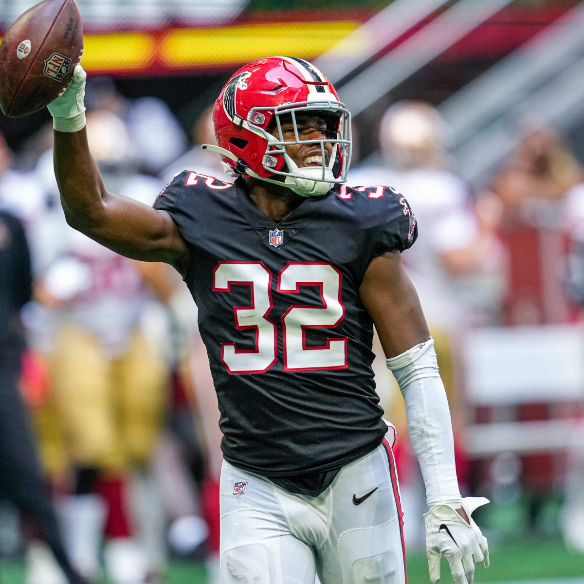 Atlanta Falcons safety Jaylinn Hawkins (32) lines up during the first half  of an NFL football game against the Carolina Panthers, Sunday, Sep. 10,  2023, in Atlanta. The Atlanta Falcons won 24-10. (