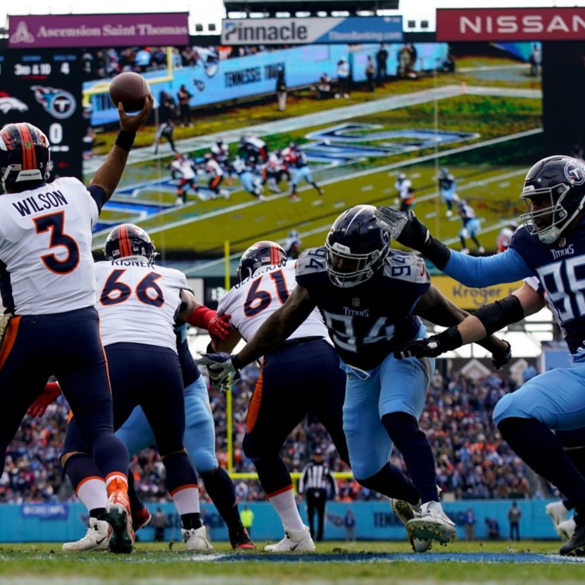 Denver Broncos orange-blue stripe uniform combo returns vs Titans