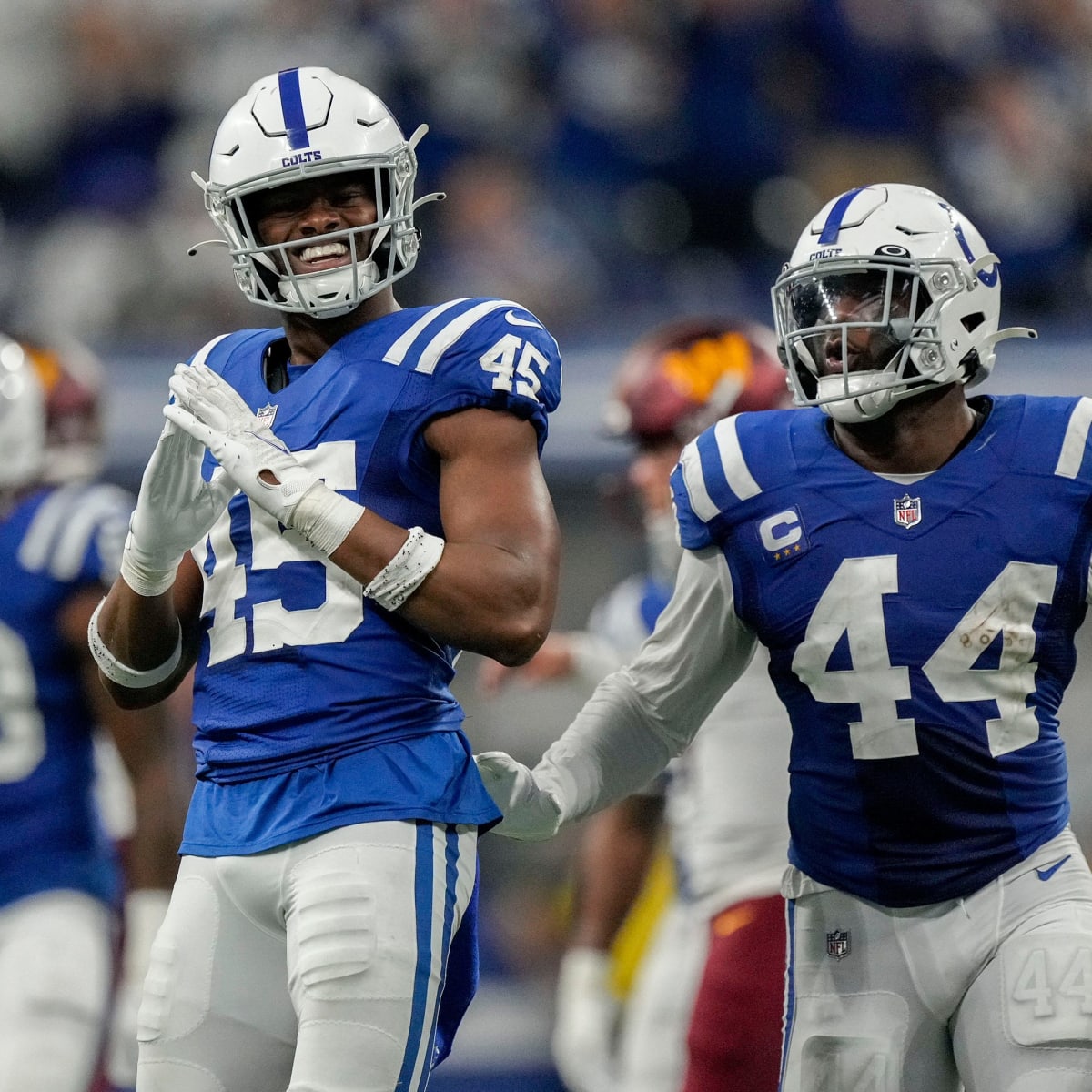 Indianapolis Colts linebacker Bobby Okereke (58) lines up on defense during  an NFL football game against the Washington Commanders, Sunday, Oct. 30,  2022, in Indianapolis. (AP Photo/Zach Bolinger Stock Photo - Alamy