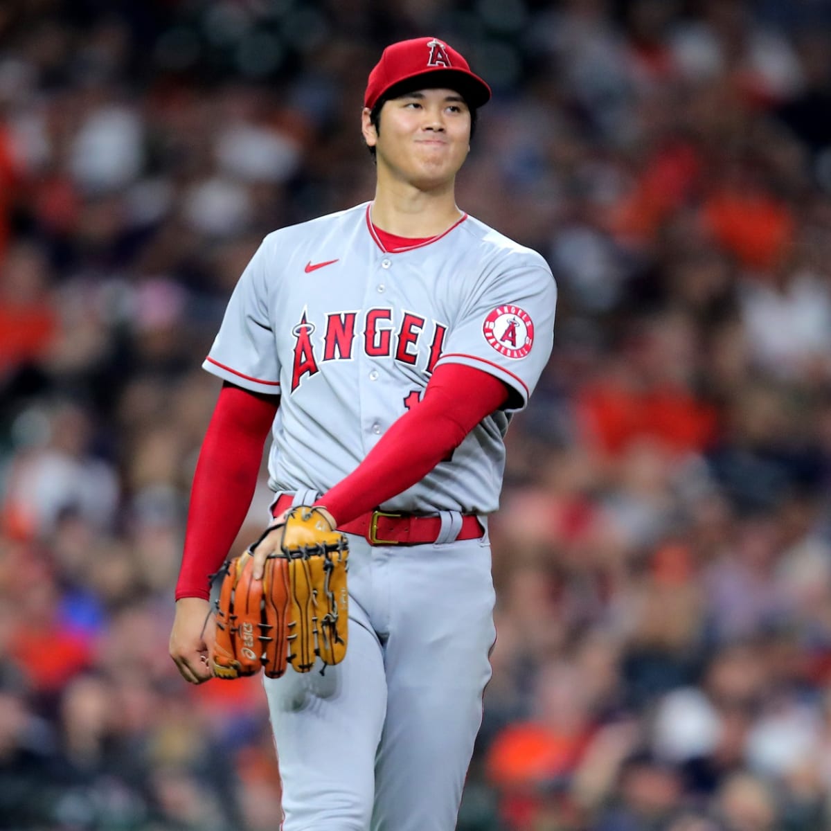 Shohei Ohtani of the Los Angeles Angels receives the American League Rookie  of the Month for April award trophy before the Major League Baseball game  against the Minnesota Twins at Angel Stadium