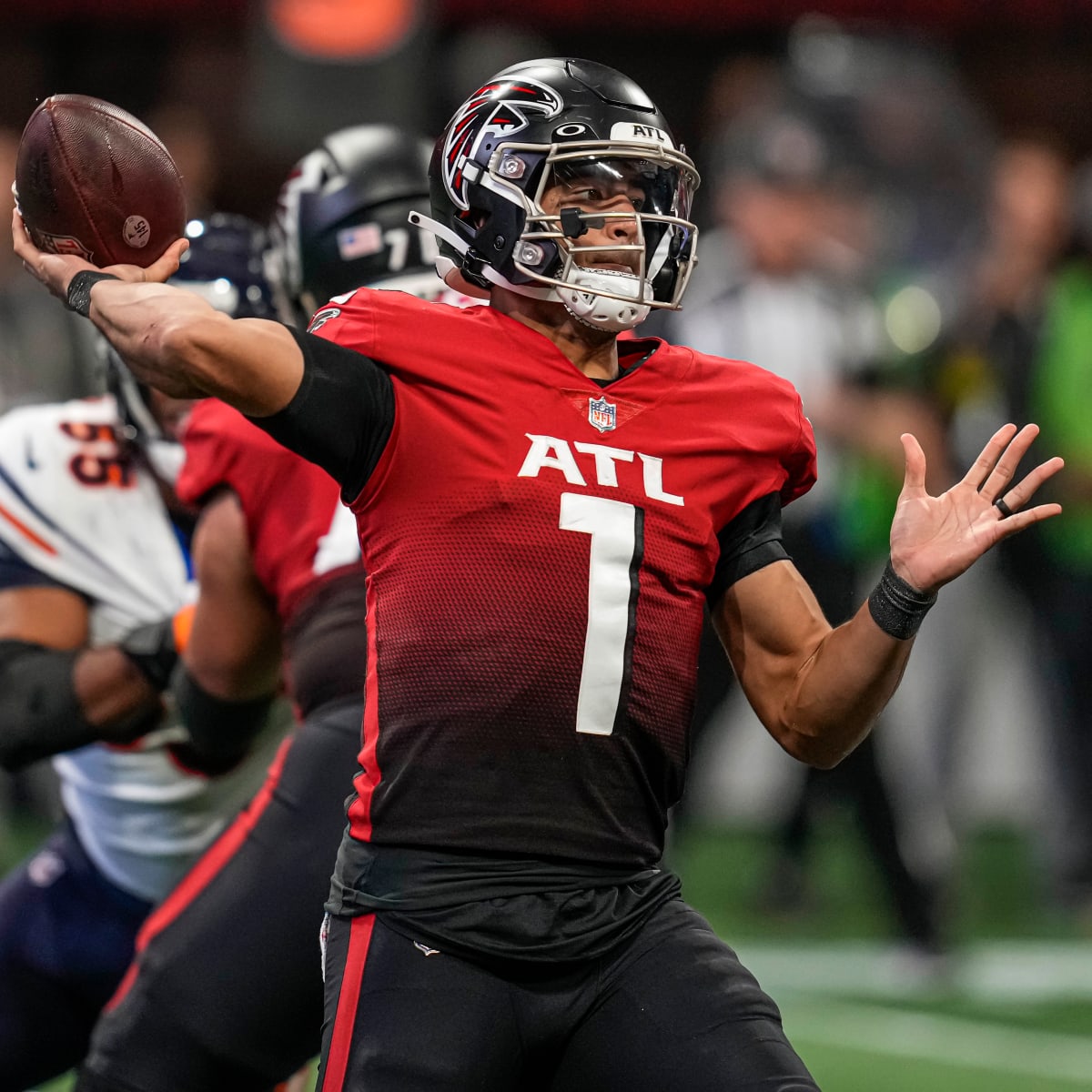 ATLANTA, GA – NOVEMBER 20: Referee Tra Blake (33) watches a replay during  the NFL game between the Chicago Bears and the Atlanta Falcons on November  20th, 2022 at Mercedes-Benz Stadium in