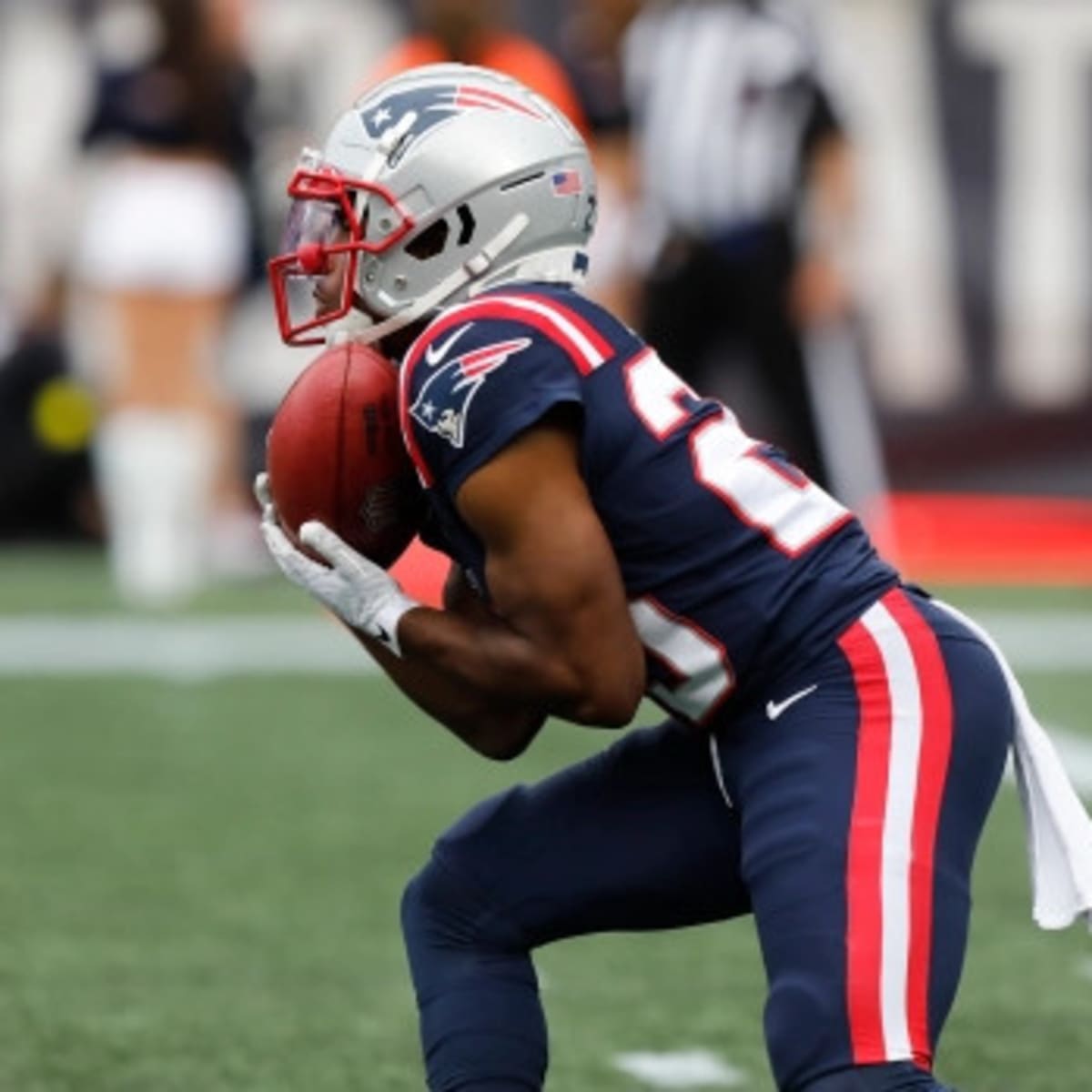 New England Patriots' Marcus Jones returns a kick against the Buffalo Bills  during an NFL football game at Gillette Stadium, Thursday, Dec. 1, 2022 in  Foxborough, Mass. (Winslow Townson/AP Images for Panini