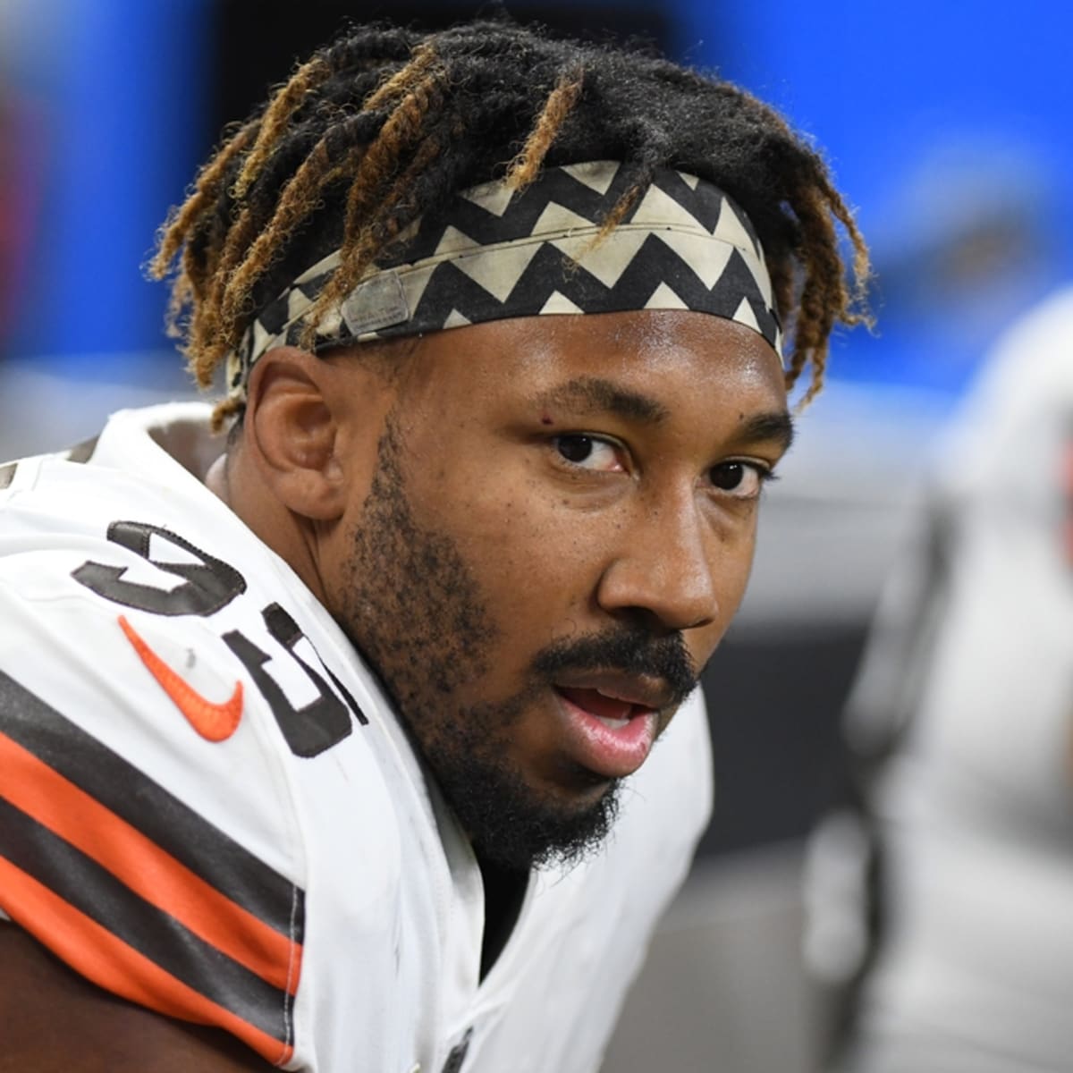 Myles Garrett of the Cleveland Browns looks on against the Buffalo