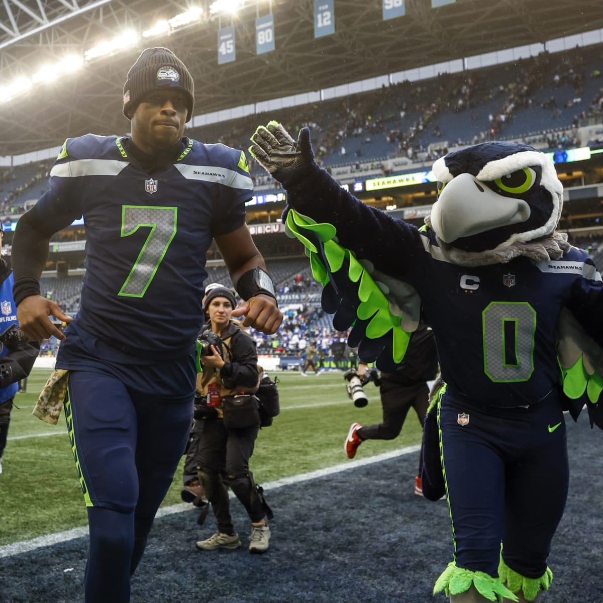 Seattle Seahawks tight end Colby Parkinson (84) walks off the field during  an NFL football game against the Las Vegas Raiders, Sunday, Nov. 27, 2022,  in Seattle, WA. The Raiders defeated the