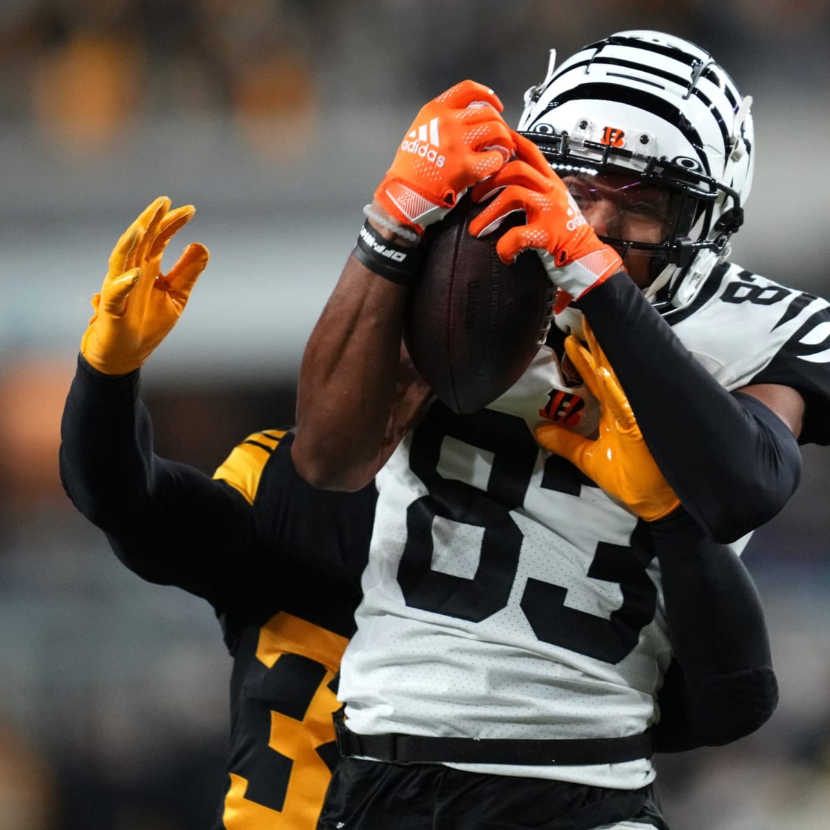 Cincinnati Bengals wide receiver Tyler Boyd (83) lines up for the play  during an NFL wild-card playoff football game against the Las Vegas  Raiders, Saturday, Jan. 15, 2022, in Cincinnati. (AP Photo/Emilee