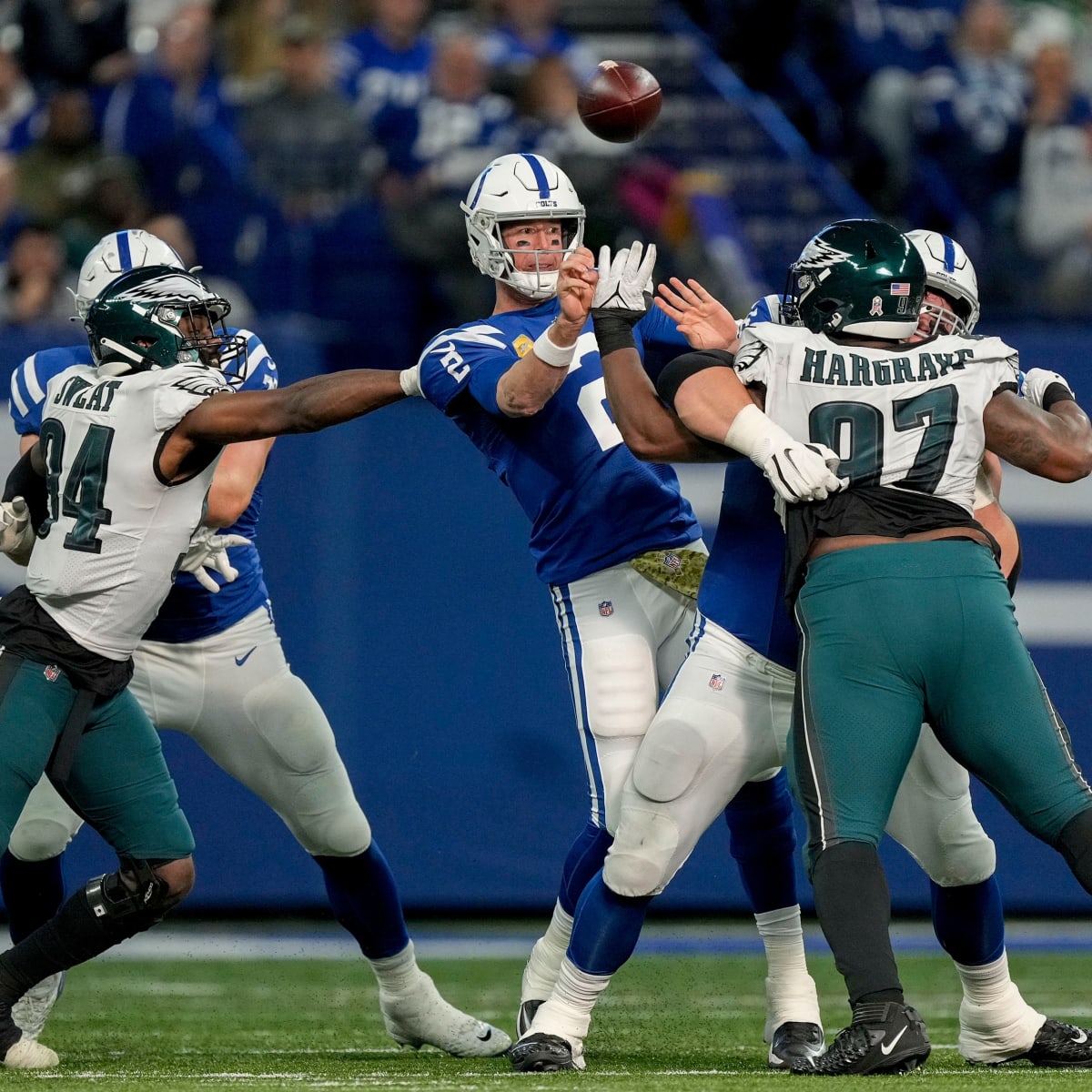 Indianapolis Colts tackle Bernhard Raimann (79) walks to the huddle during  an NFL football game against the Detroit Lions, Saturday, Aug. 20, 2022, in  Indianapolis. (AP Photo/Zach Bolinger Stock Photo - Alamy