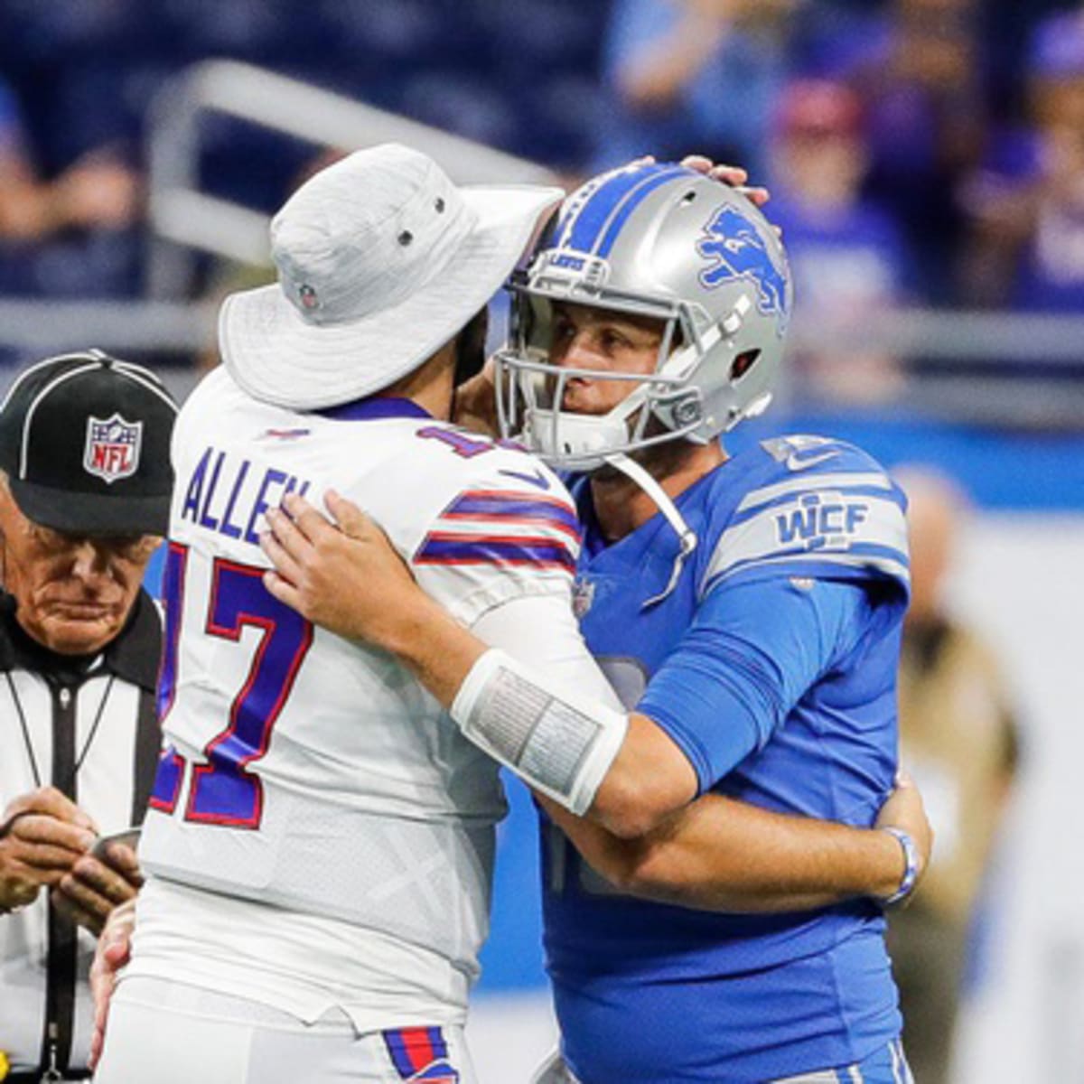 Detroit Lions quarterback Jared Goff (16) on the sideline in the second  half against the Buffalo Bills during an NFL preseason football game,  Friday, Aug. 13, 2021, in Detroit. (AP Photo/Rick Osentoski