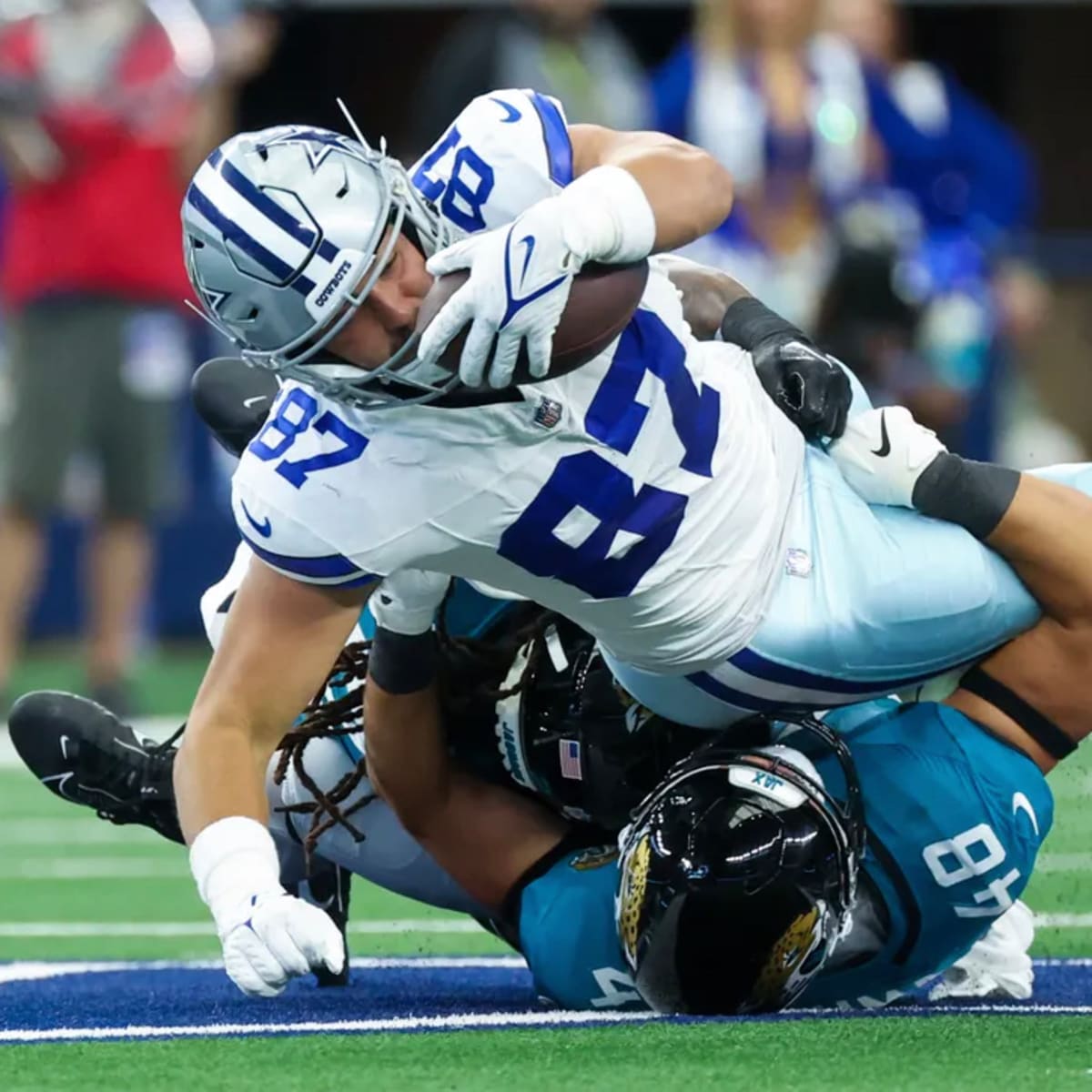 Dallas Cowboys wide receiver Jalen Tolbert (18) catches the ball against  Jacksonville Jaguars cornerback Montaric Brown (30) and play comes back  with a penalty during the first half of an NFL preseason