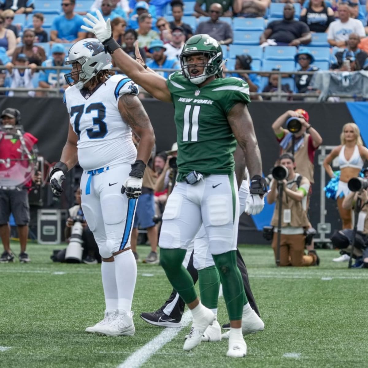 New York Jets quarterback Tim Boyle (7) drops back to pass during an NFL  preseason football game against the Carolina Panthers, Saturday, Aug. 12,  2023, in Charlotte, N.C. (AP Photo/Brian Westerholt Stock