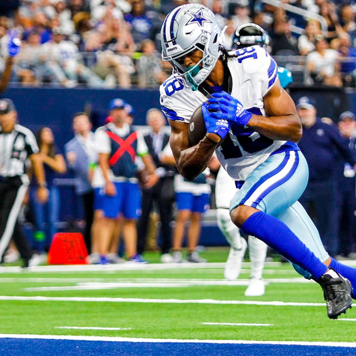 Dallas Cowboys wide receiver Jalen Tolbert (18) catches the ball against  Jacksonville Jaguars cornerback Montaric Brown (30) and play comes back  with a penalty during the first half of an NFL preseason