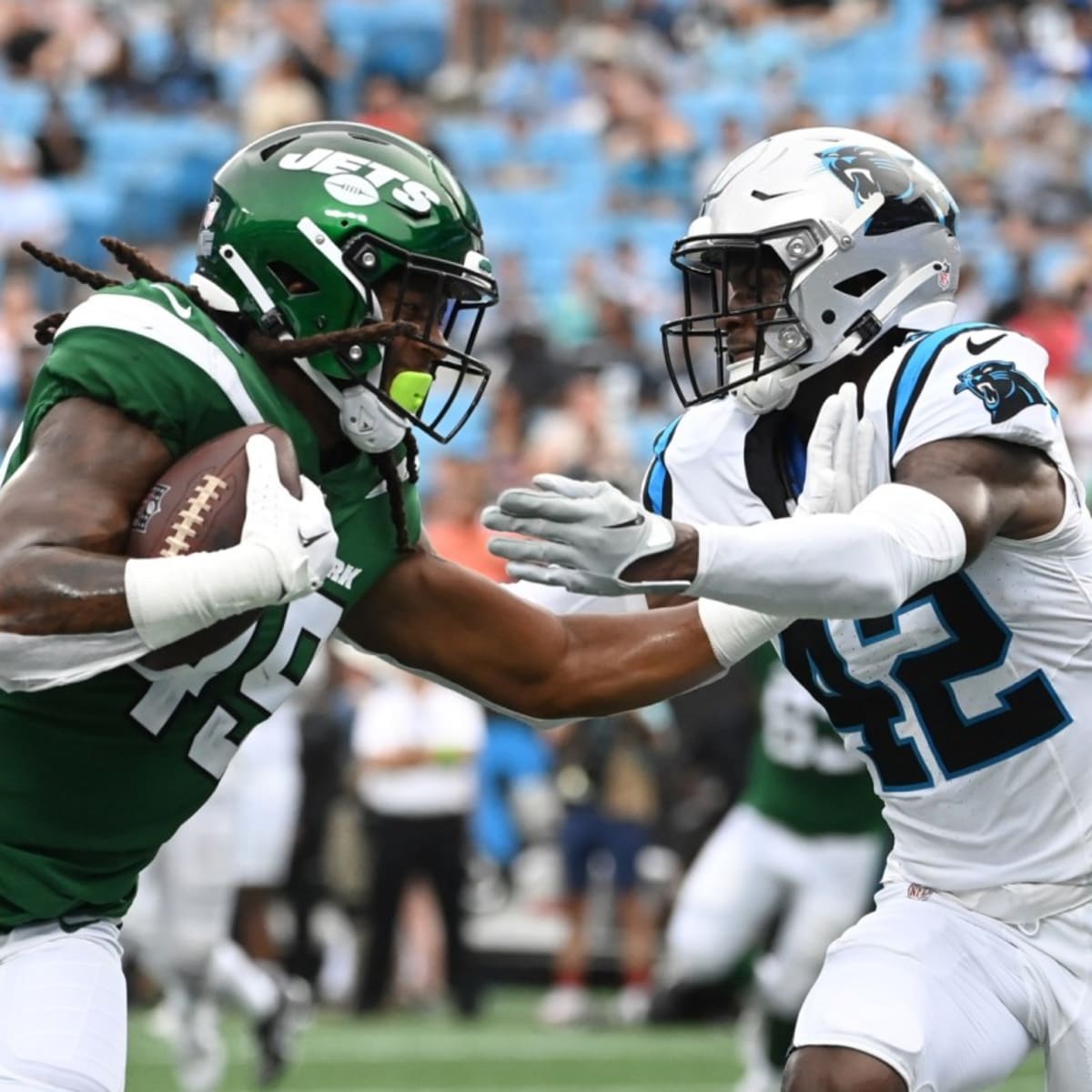 Carolina Panthers safety Sam Franklin plays against the Pittsburgh Steelers  during the second half of a preseason NFL football game Friday, Aug. 27,  2021, in Charlotte, N.C. (AP Photo/Jacob Kupferman Stock Photo 