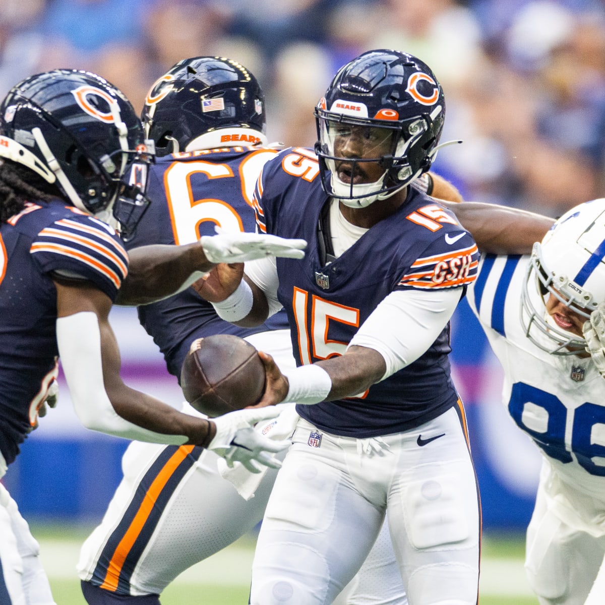 Chicago Bears quarterback P.J. Walker (15) drops back in the pocket during  an NFL football game against the Indianapolis Colts, Saturday, Aug. 19,  2023, in Indianapolis. (AP Photo/Zach Bolinger Stock Photo - Alamy