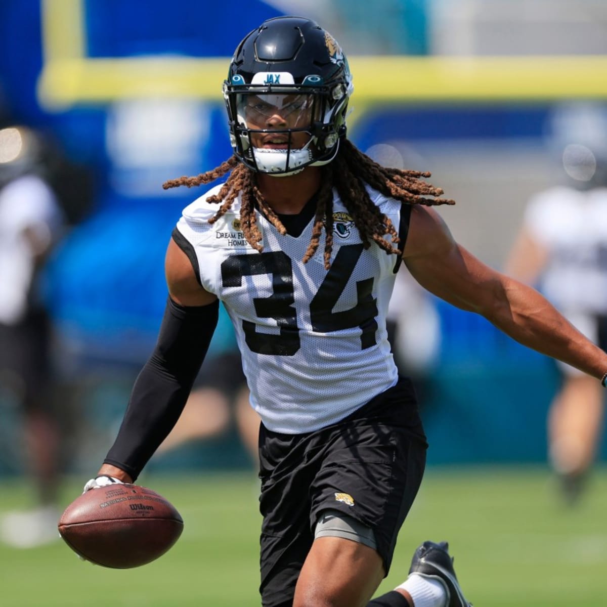 Jacksonville Jaguars cornerback Gregory Junior (34) defends during the  first half of the NFL football exhibition Hall of Fame Game against the Las  Vegas Raiders, Thursday, Aug. 4, 2022, in Canton, Ohio.