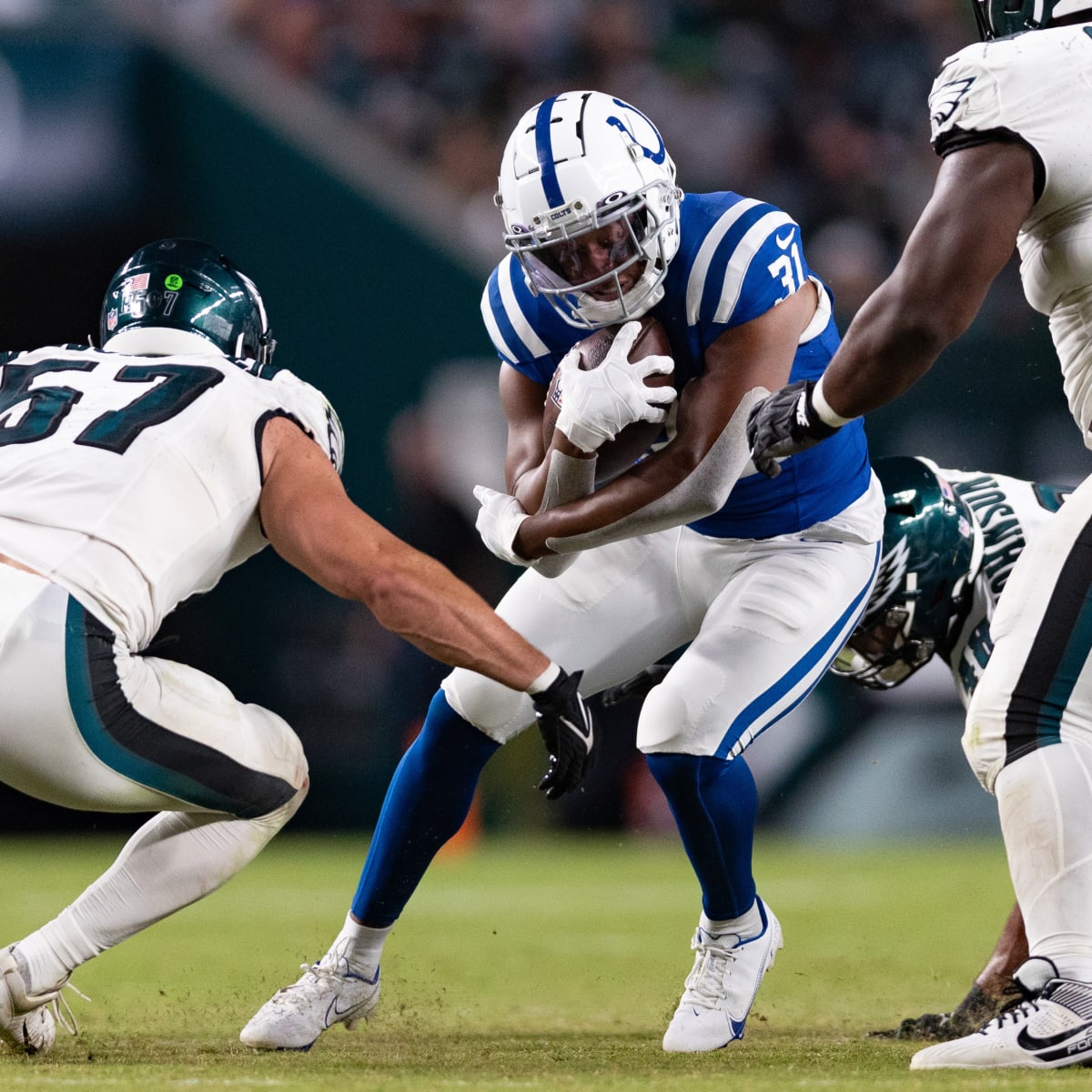 Members of the Indianapolis Colts huddle in the tunnel before the start of  an NFL pre-season football game against the Philadelphia Eagles, Thursday,  Aug. 24, 2023, in Philadelphia. (AP Photo/Rich Schultz Stock