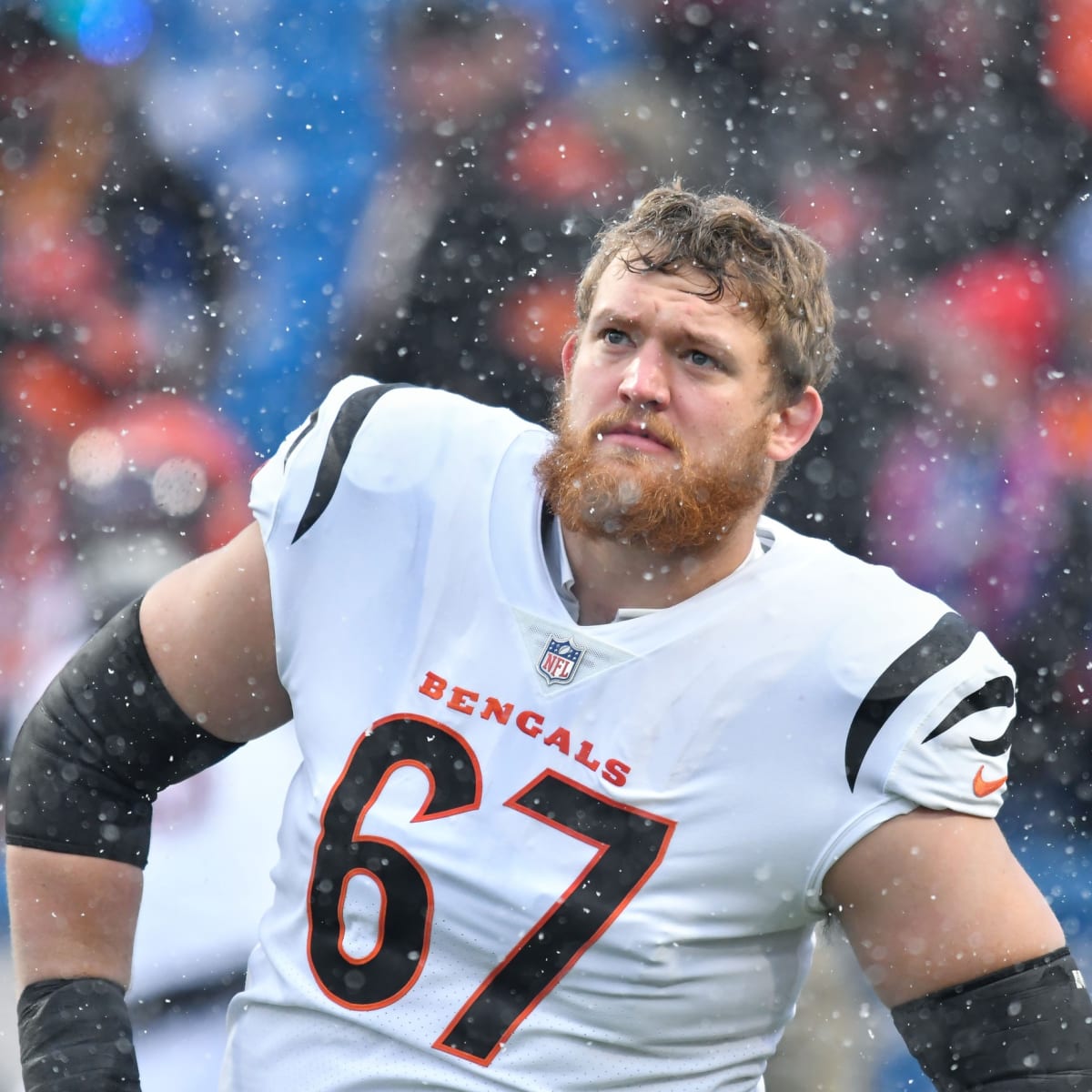 Cordell Volson of the Cincinnati Bengals stands in the huddle